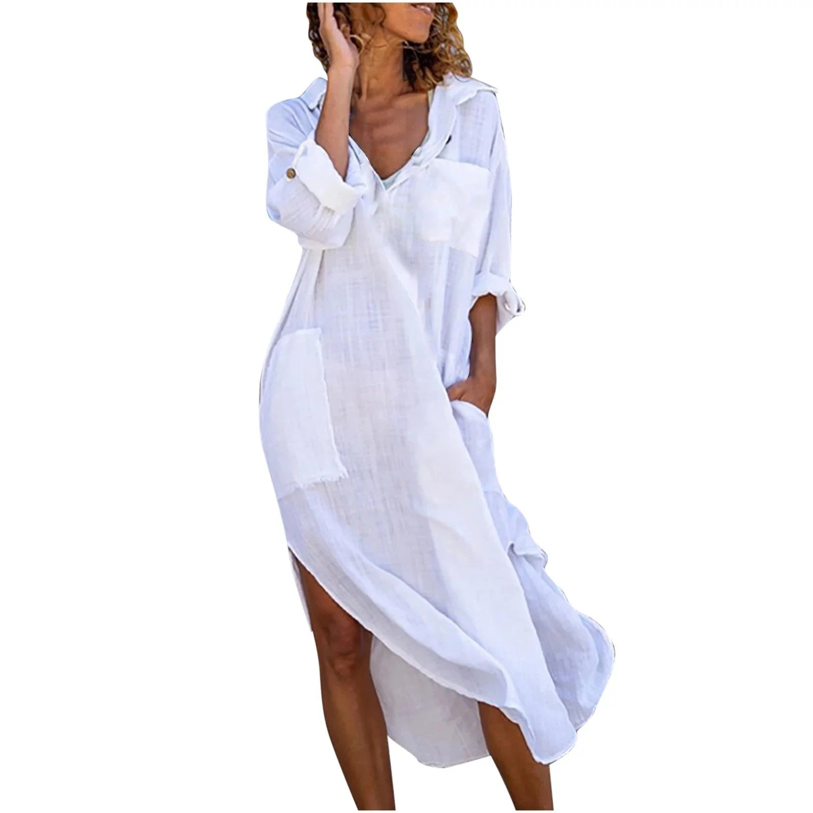 Women s Bathing Suit Cover-Up Solid Color Long Sleeve Lapel Side Slit Mid-Length Shirt Dress Beachwear