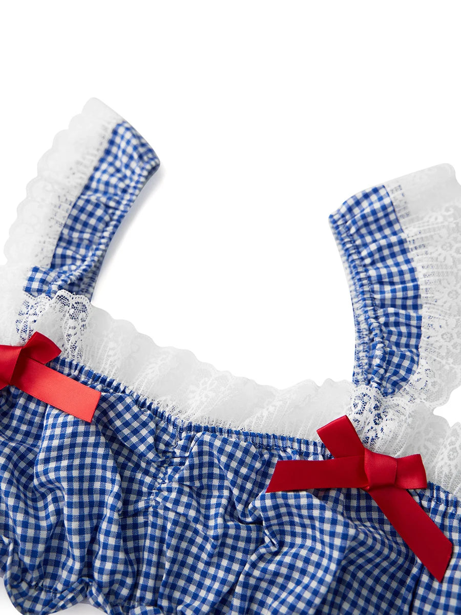 Women s Halloween Costume Sexy Lace Trim Plaid Crop Top and Mini Skirt Set for Cosplay Role-Playing Party Dress Up Outfits