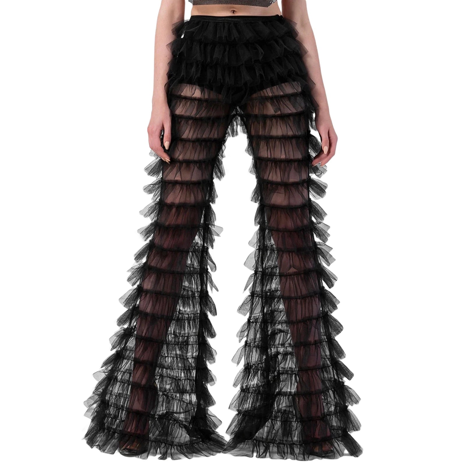 Women s Summer Casual Wide Leg Pants Black Tiered Sheer Flared Pants Fashion Bell-bottom Pants