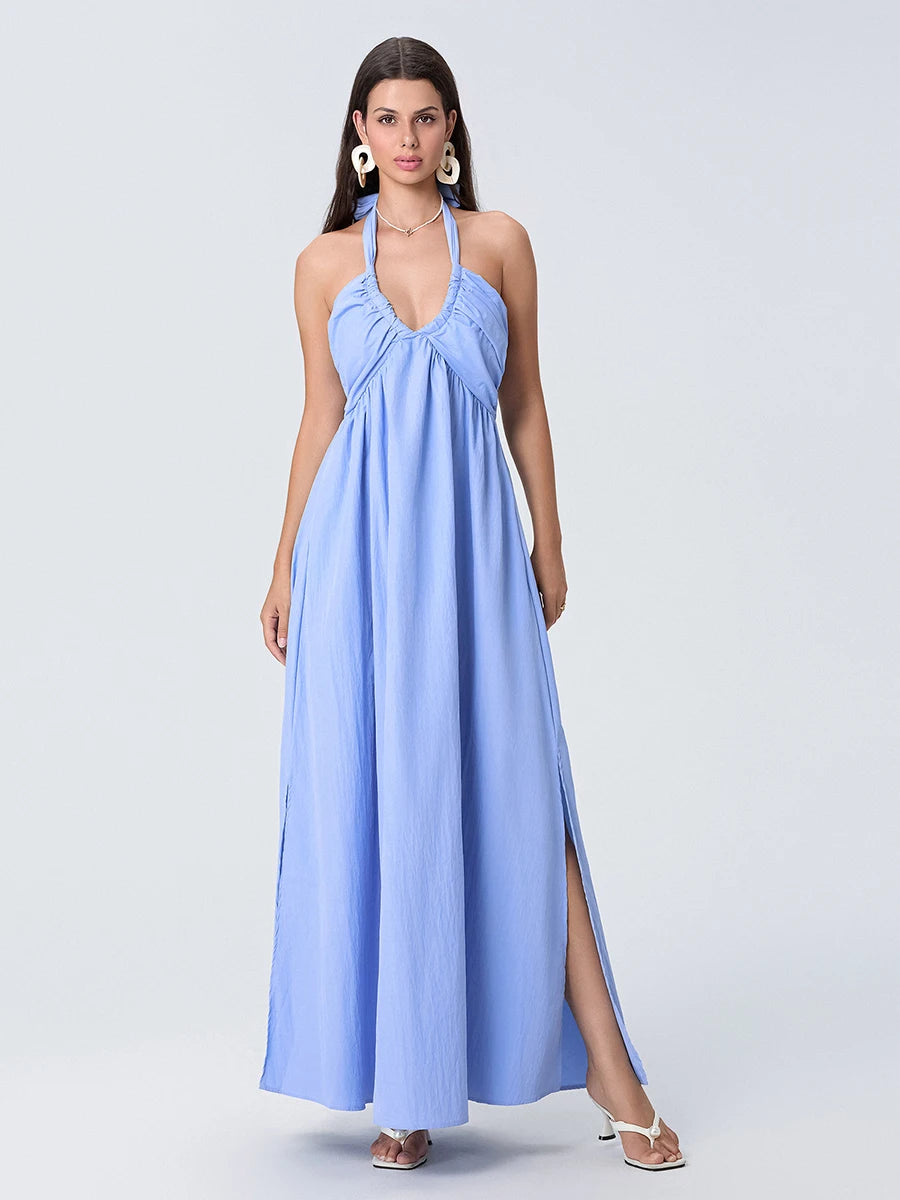 Women Summer Casual Long Dress Solid Color Tie-Up Halter Neck Sleeveless Dress Beach Holiday Backless Dress