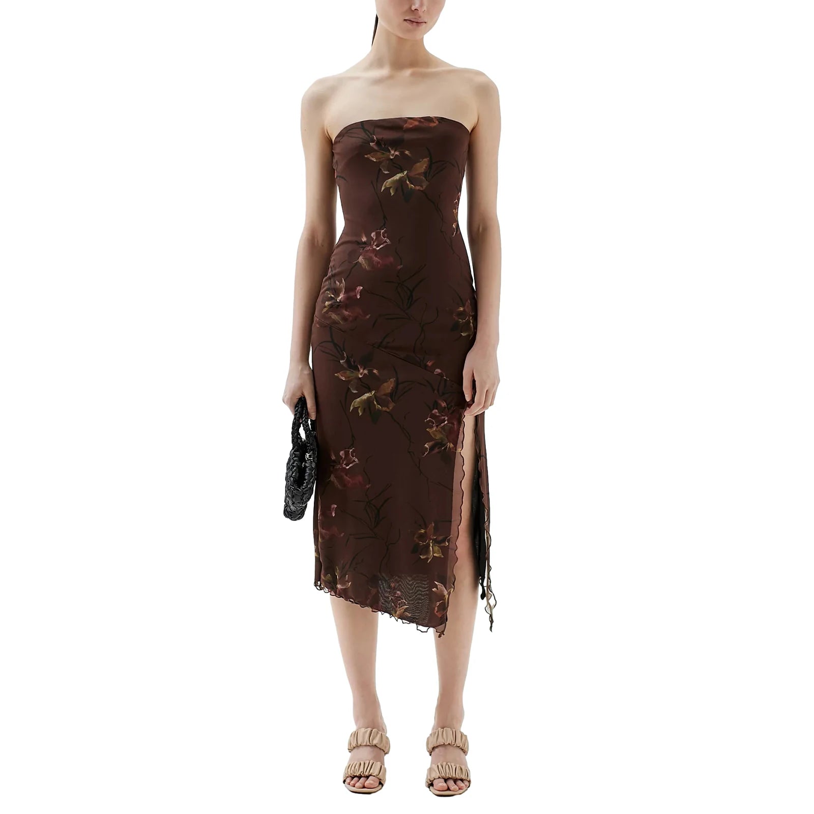 Women Floral Mesh Dress Summer Backless Strapless Split Party Dress for Cocktail Beach Streetwear Aesthetic Clothes
