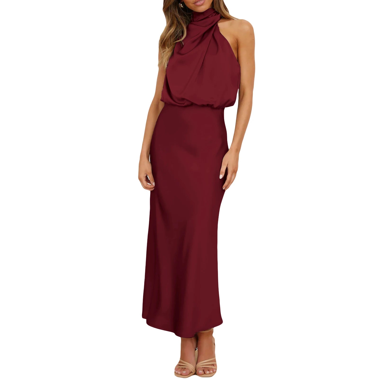 Women Long Satin Dress Elegant Sleeveless Turtleneck Solid Summer Dress for Cocktail Party