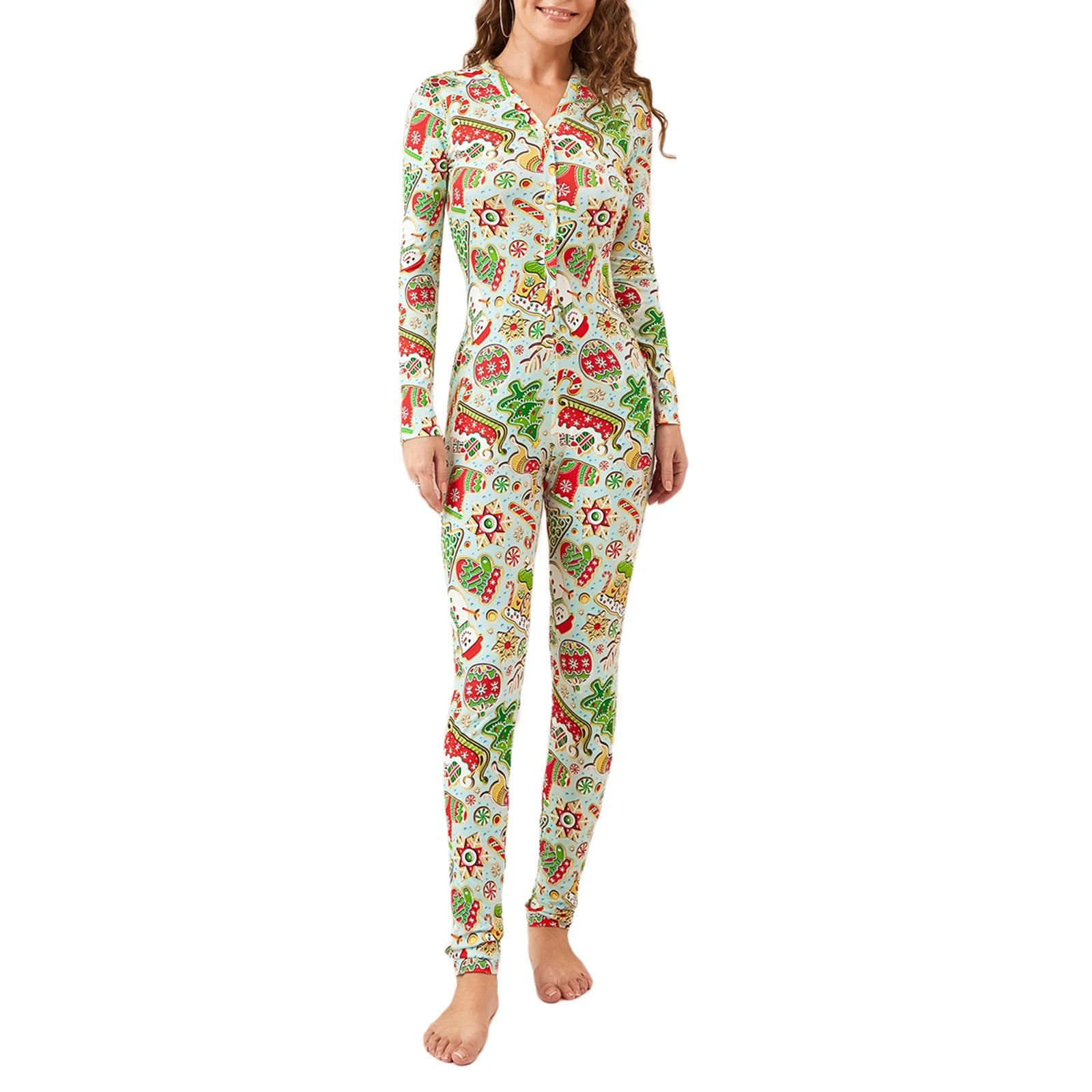 Women s Christmas Pajamas Romper Long Sleeve Button Down Jumpsuit Sleepwear Cartoon Print Nightwear