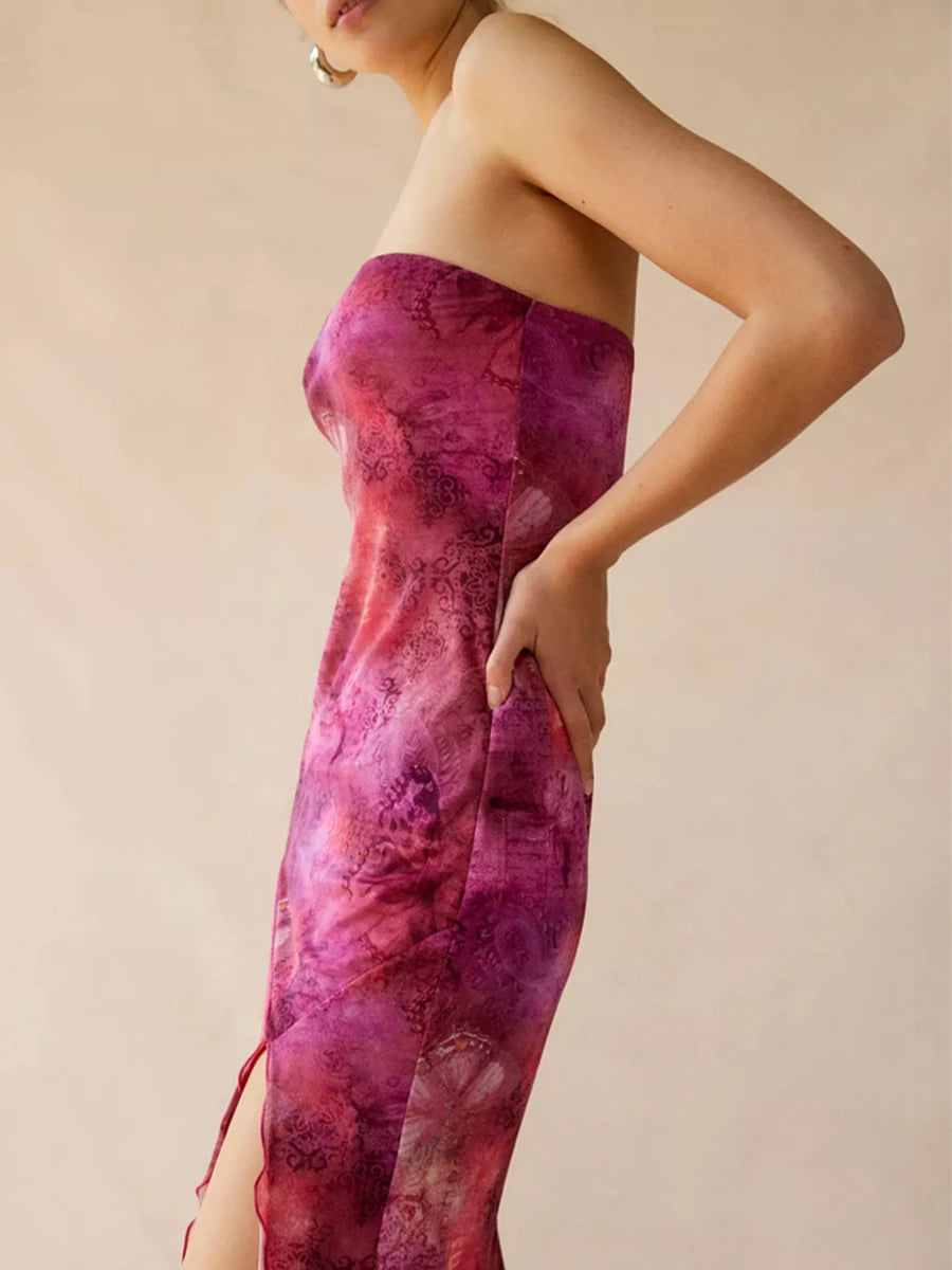 Women Floral Mesh Dress Summer Backless Strapless Split Party Dress for Cocktail Beach Streetwear Aesthetic Clothes
