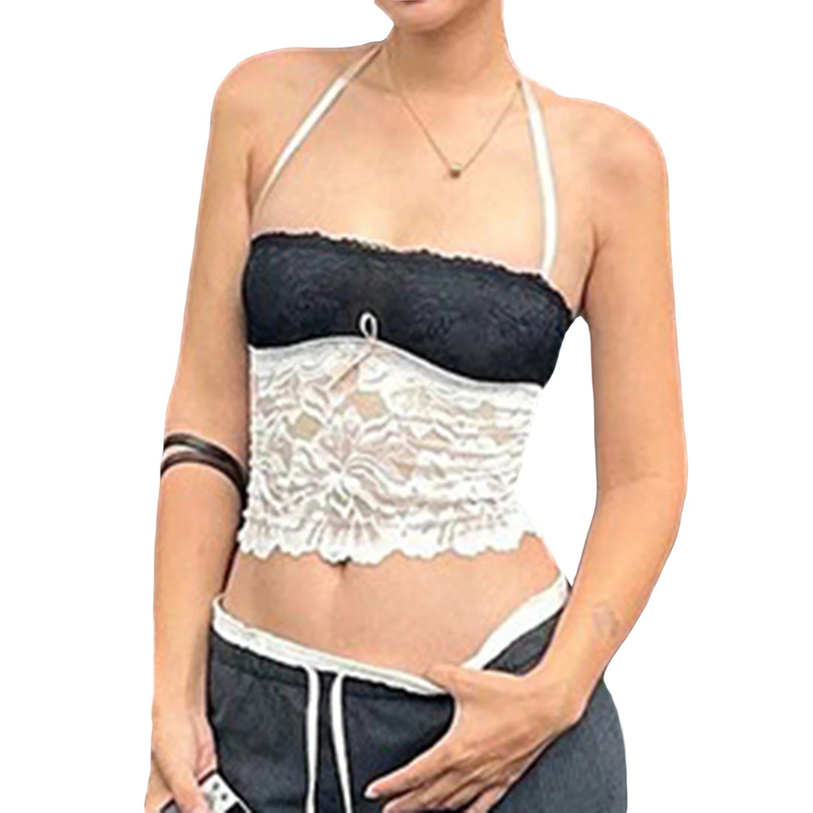 Women Lace Patchwork Tank Tops Tie-Up Halter Neck Backless Casual Vests Summer Sleeveless Tops Streetwear