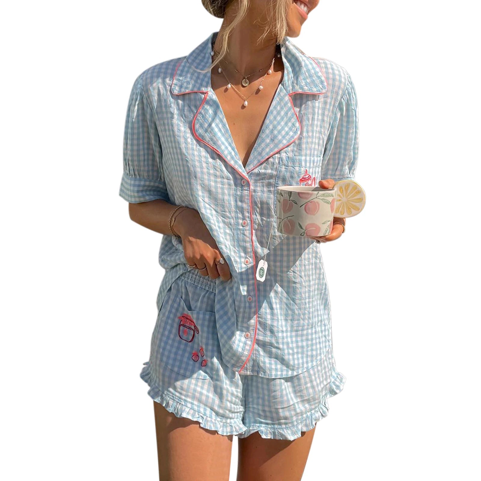 Women Plaid Pajama Set Short Sleeve Button Closure Shirt with Shorts Sleepwear Loungewear