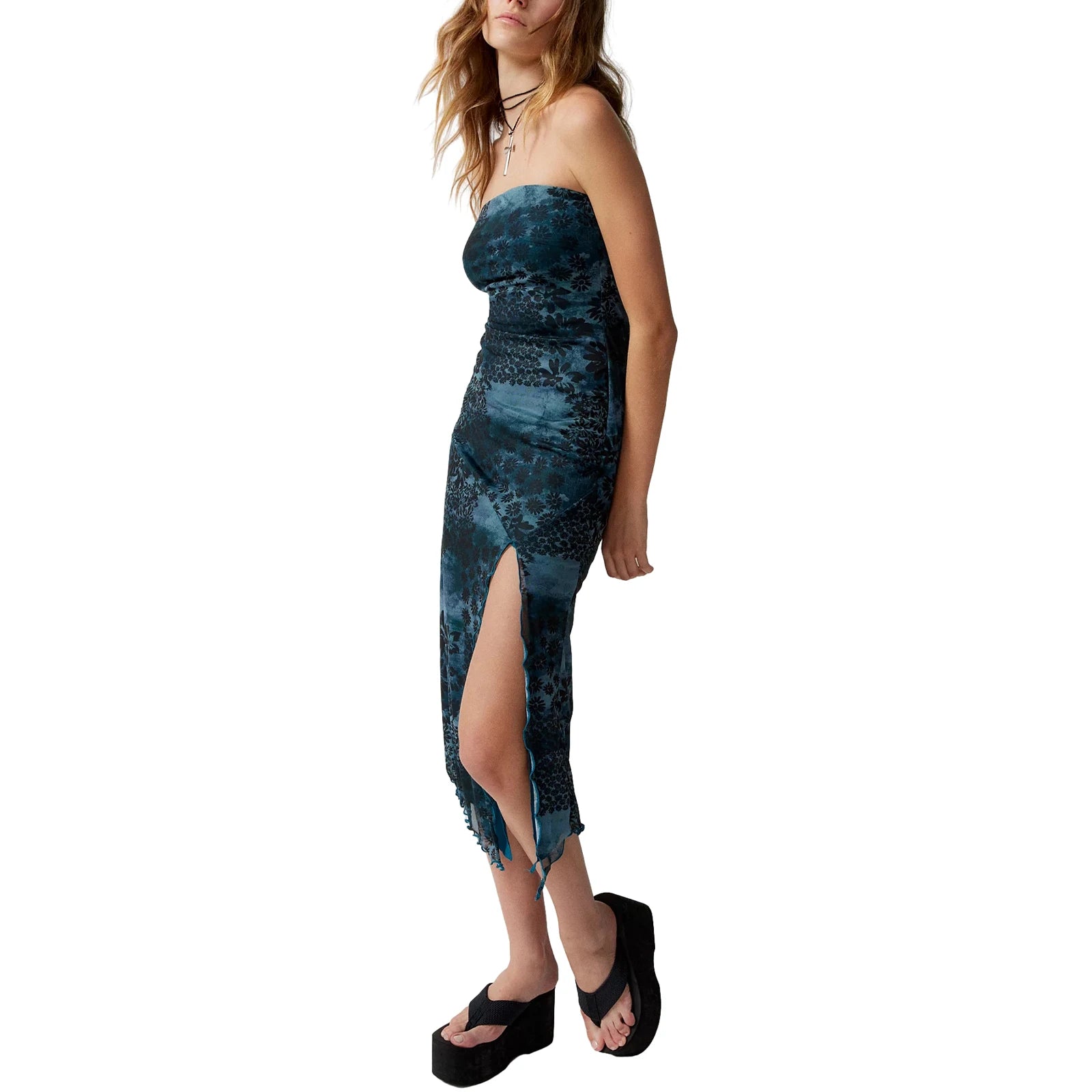 Women Floral Mesh Dress Summer Backless Strapless Split Party Dress for Cocktail Beach Streetwear Aesthetic Clothes