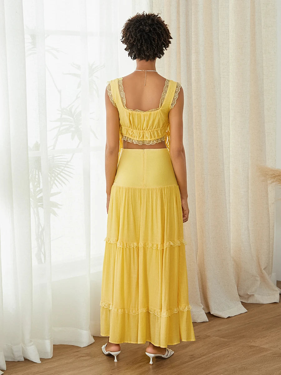 Women s Summer 2Pcs Outfits Lace Trim Sleeveless U-Neck Tank Tops with Long Skirt Set Party Clothes
