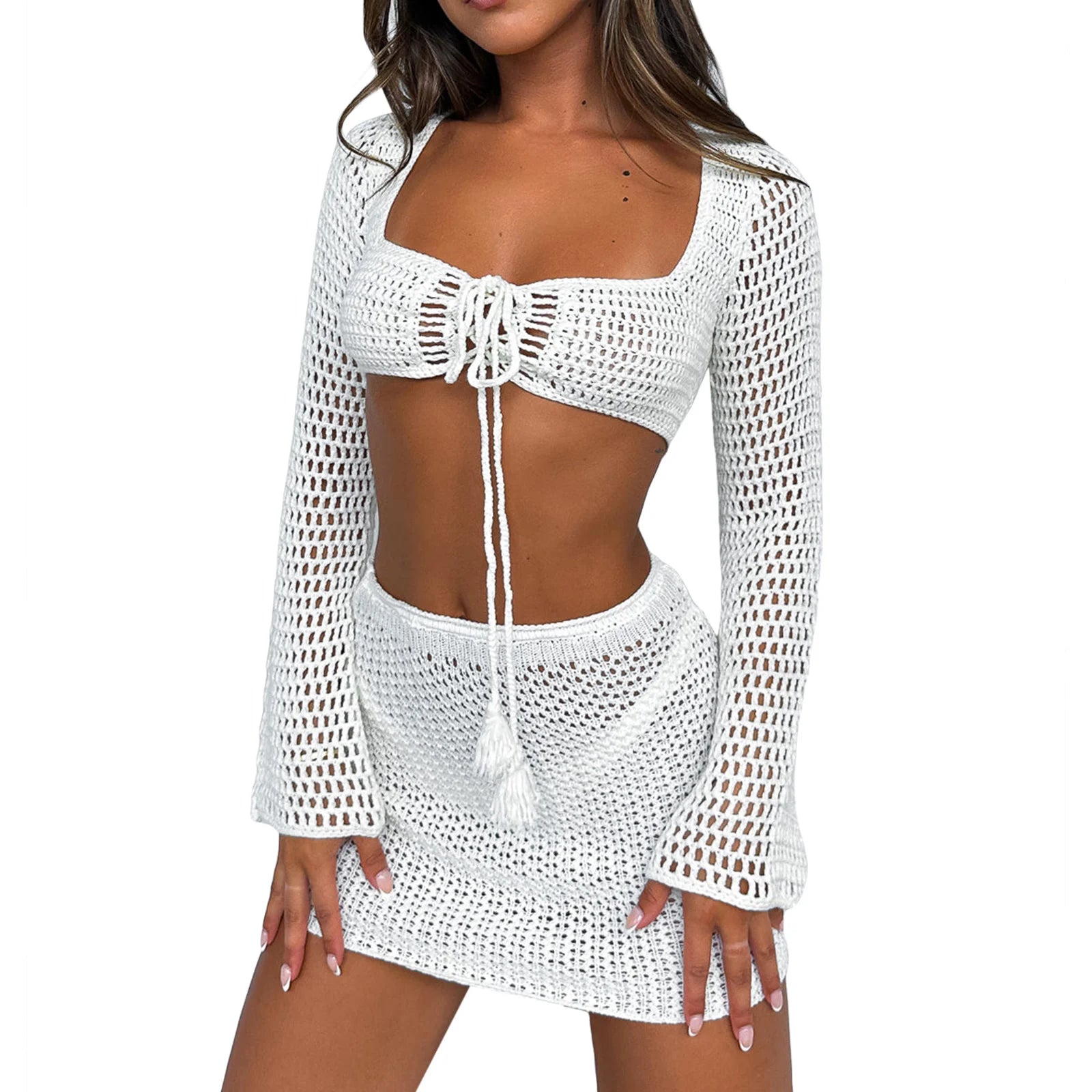 Women 2 Pieces Beachwear Outfits Square Neck Long Sleeve Tie-Up Front Knitted Cover-Ups and Sarongs Mini Skirts Set
