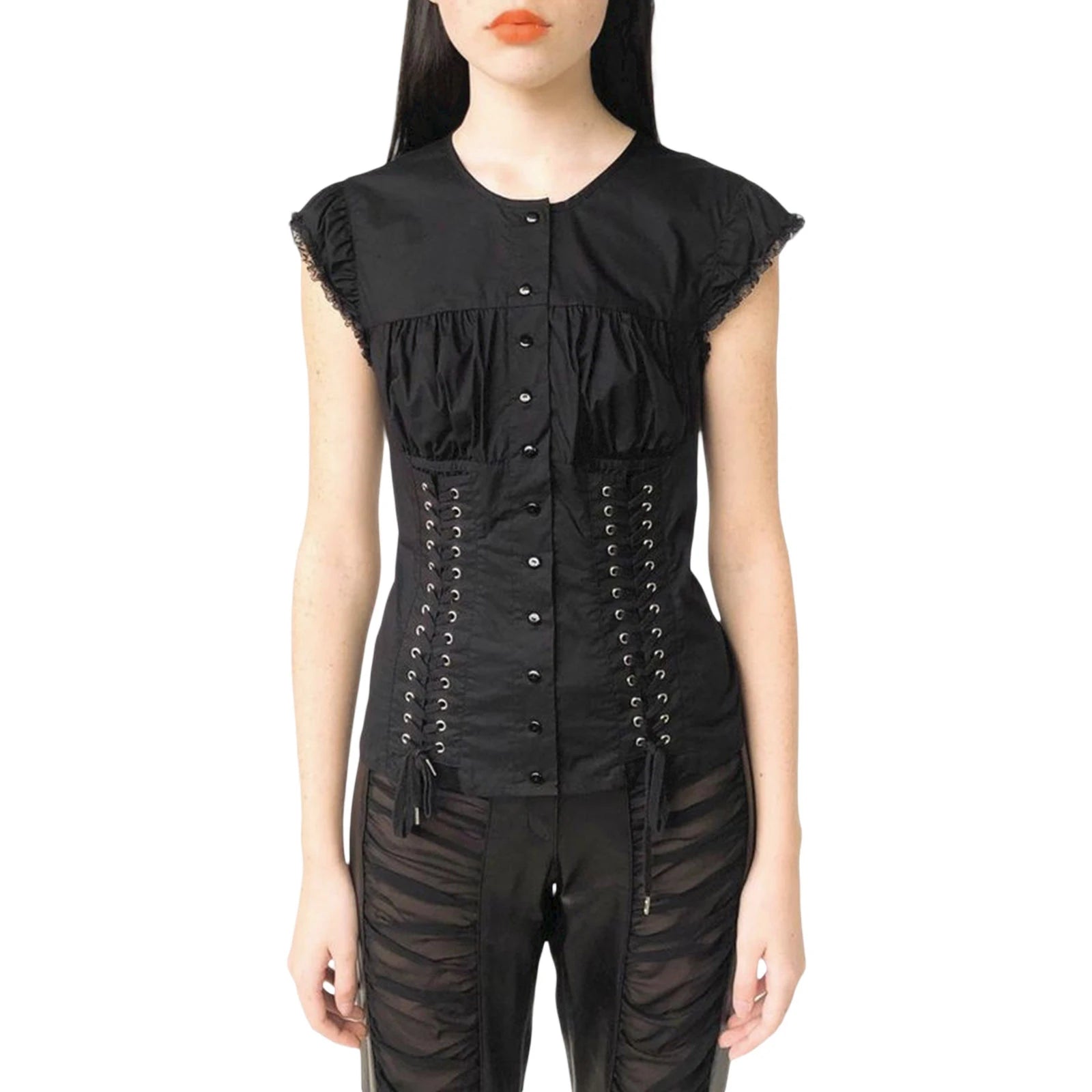 Women Lace Tops 1 4 Sleeve Round Neck Ruffle Buttons Party Casual Spring Summer Black Shirt