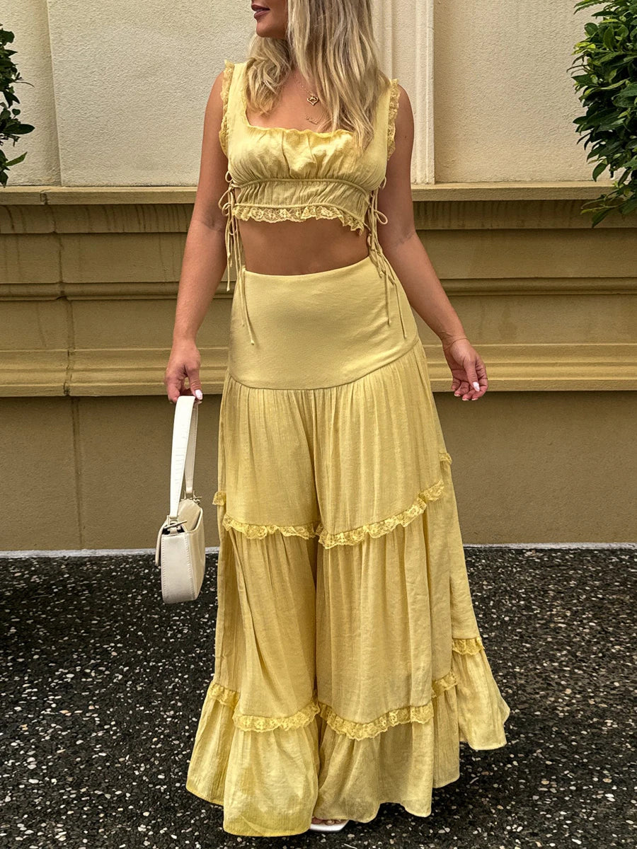 Women s Summer 2Pcs Outfits Lace Trim Sleeveless U-Neck Tank Tops with Long Skirt Set Party Clothes