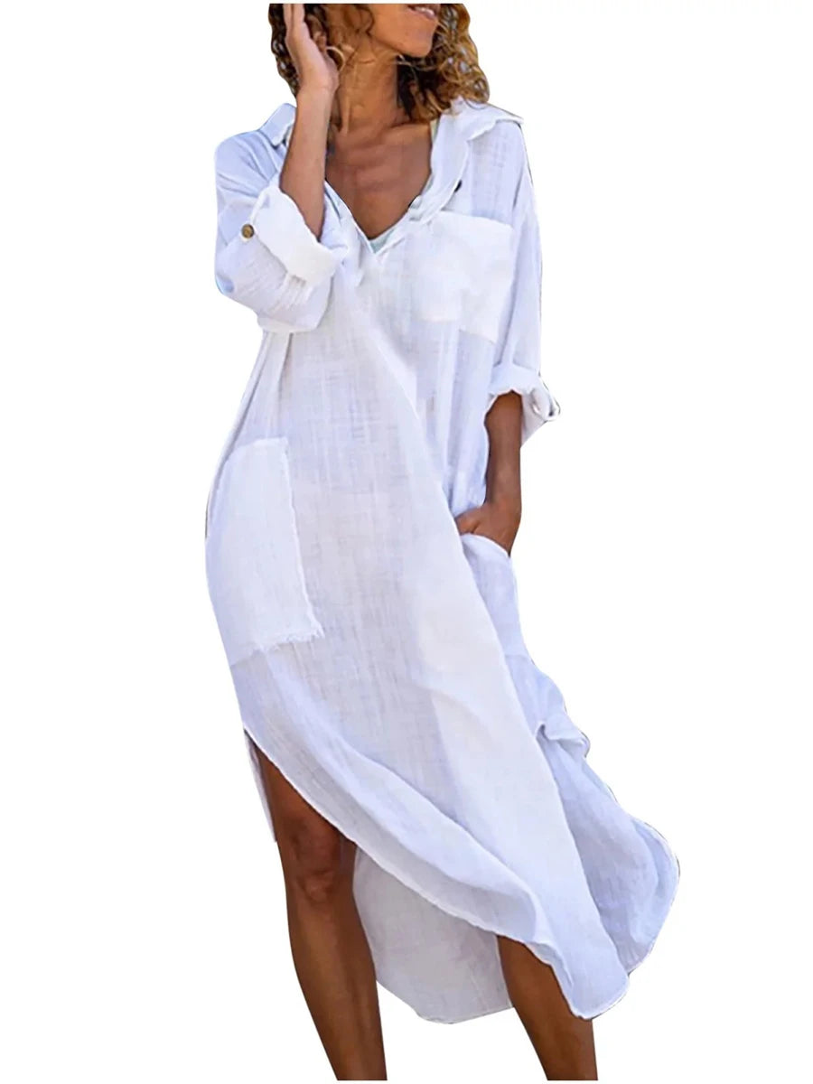 Women s Bathing Suit Cover-Up Solid Color Long Sleeve Lapel Side Slit Mid-Length Shirt Dress Beachwear