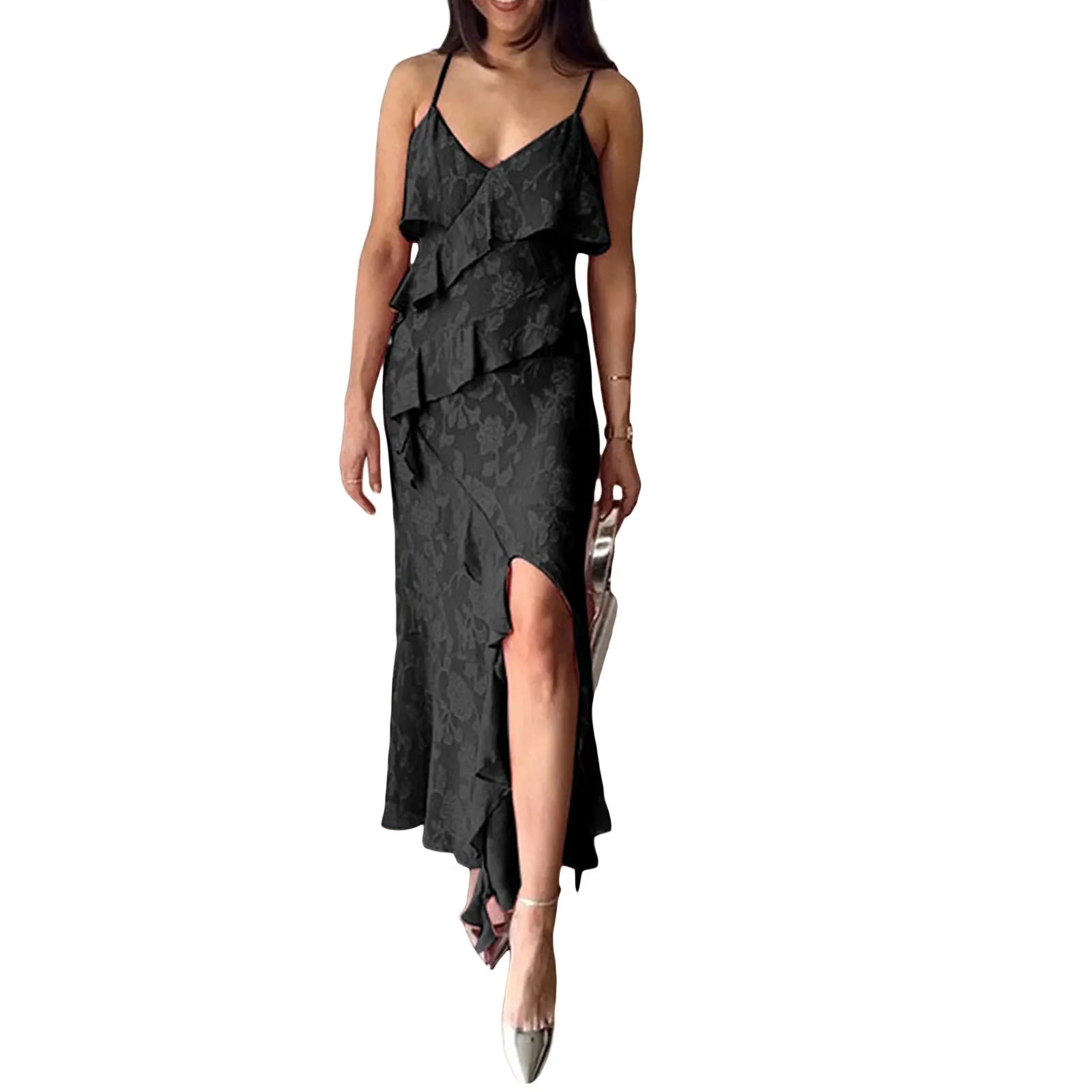 Women Summer Ruffled Dress Floral Jacquard V Neck Sleeveless Split Party Dress for Cocktail Beach Streetwear