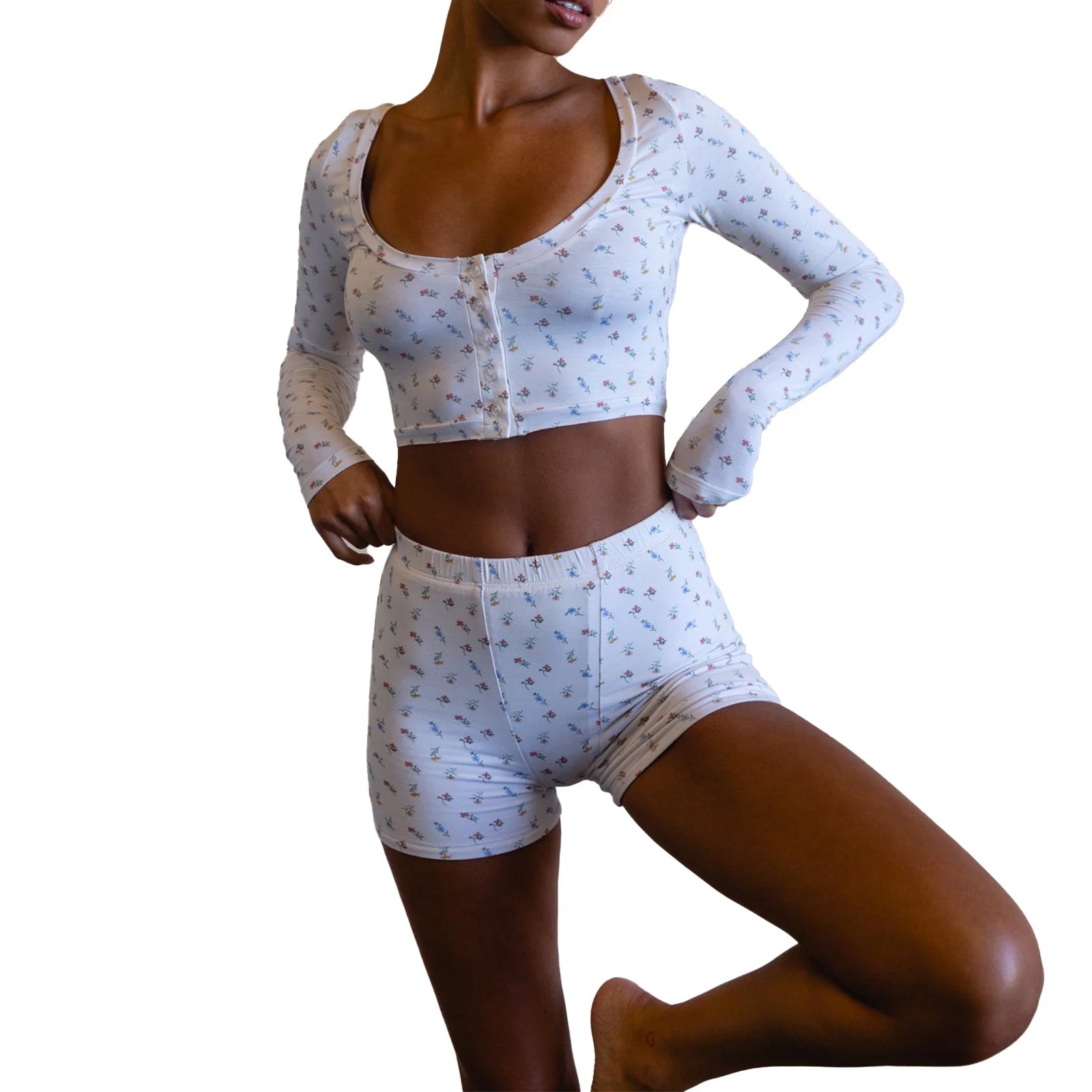 Women s Summer Clothes 2Pcs Outfits Flower Print Short Sleeve Button Tops High Waist Shorts Set Streetwear