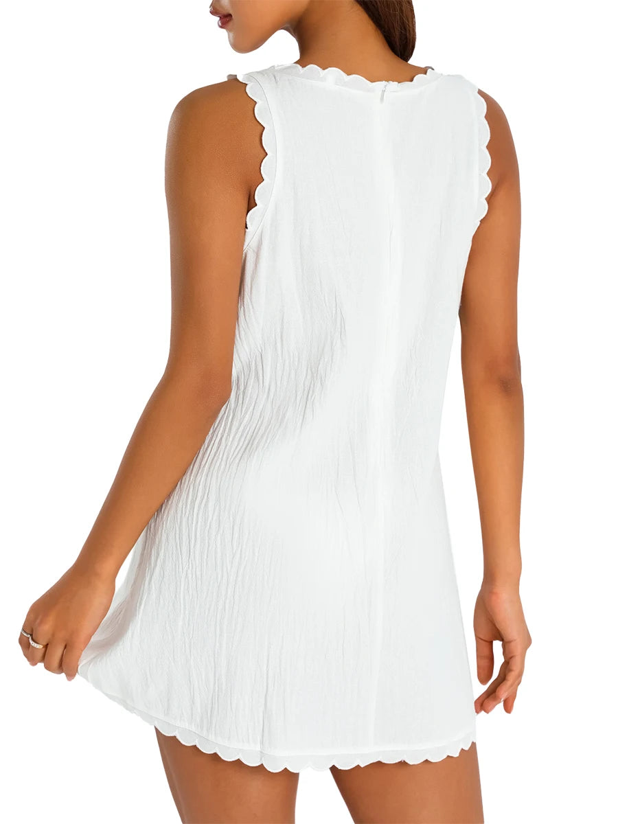 Women Mini Dress Sleeveless Crew Neck Solid Loose A-line Dress Streetwear for Club Party