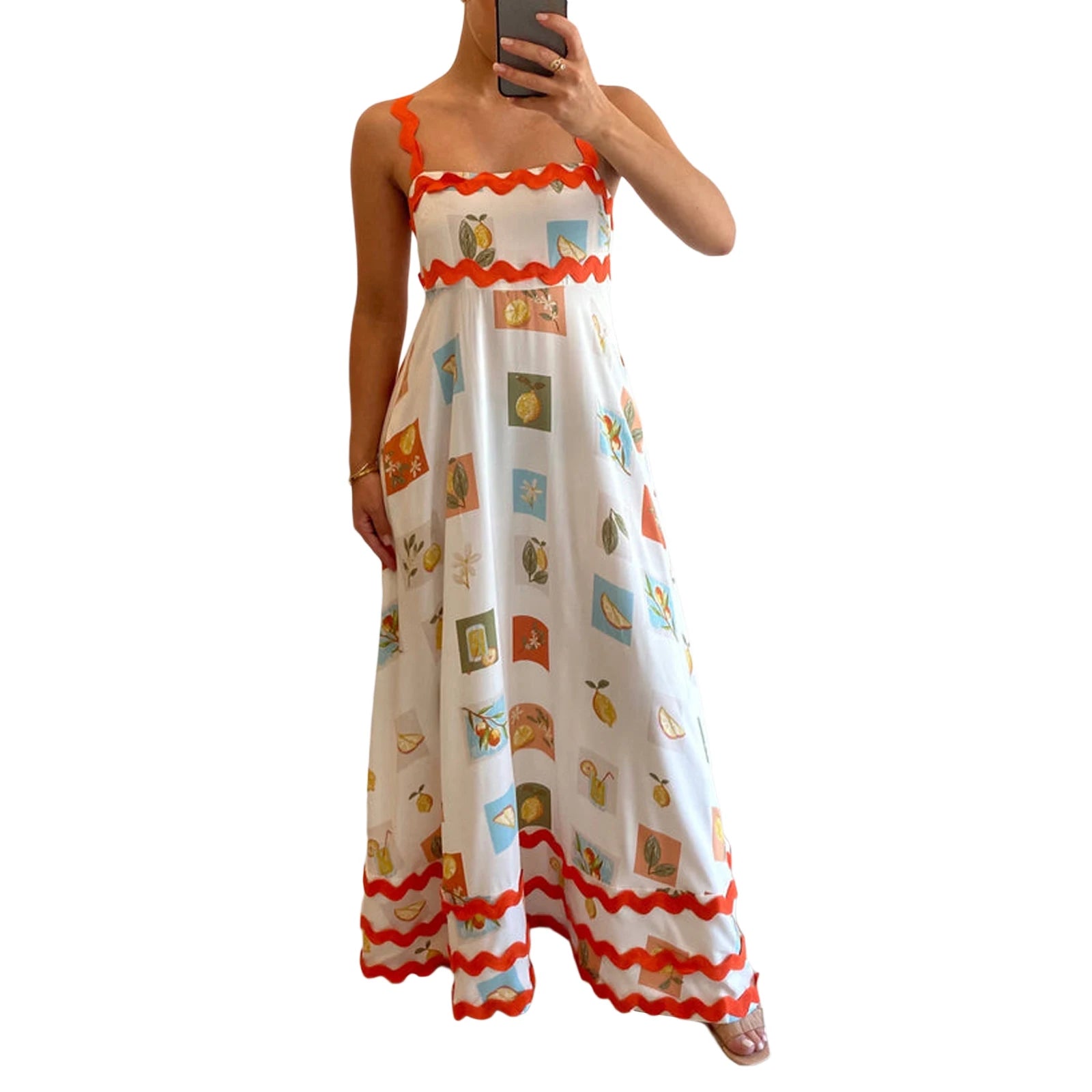 Women s Long Cami Dress Floral Leopard Print Sleeveless Square Neck Backless A-Line Ric Rac Dress