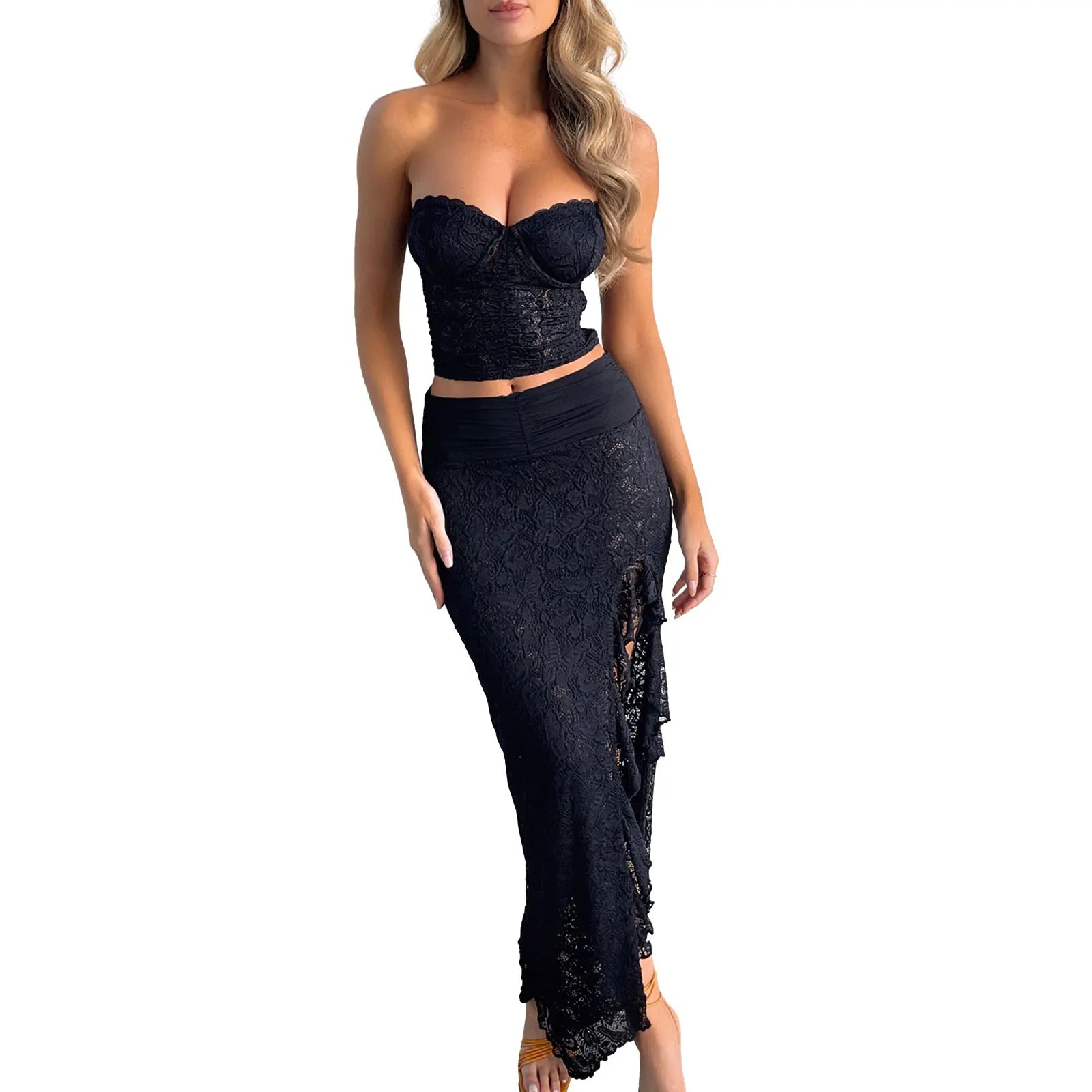 Women 2 Piece Summer Outfits Floral Lace Strapless Tube Tops and Splits Skirt for Streetwear Aesthetic Clothes