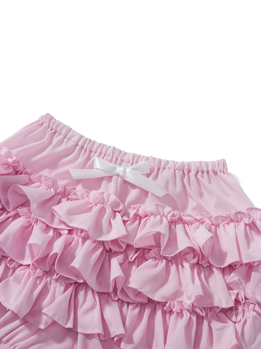 Women s Fashion Bloomers Shorts Lace Trim Layered Ruffle Bowknot Elastic Waist Short Pants Summer Casual Shorts