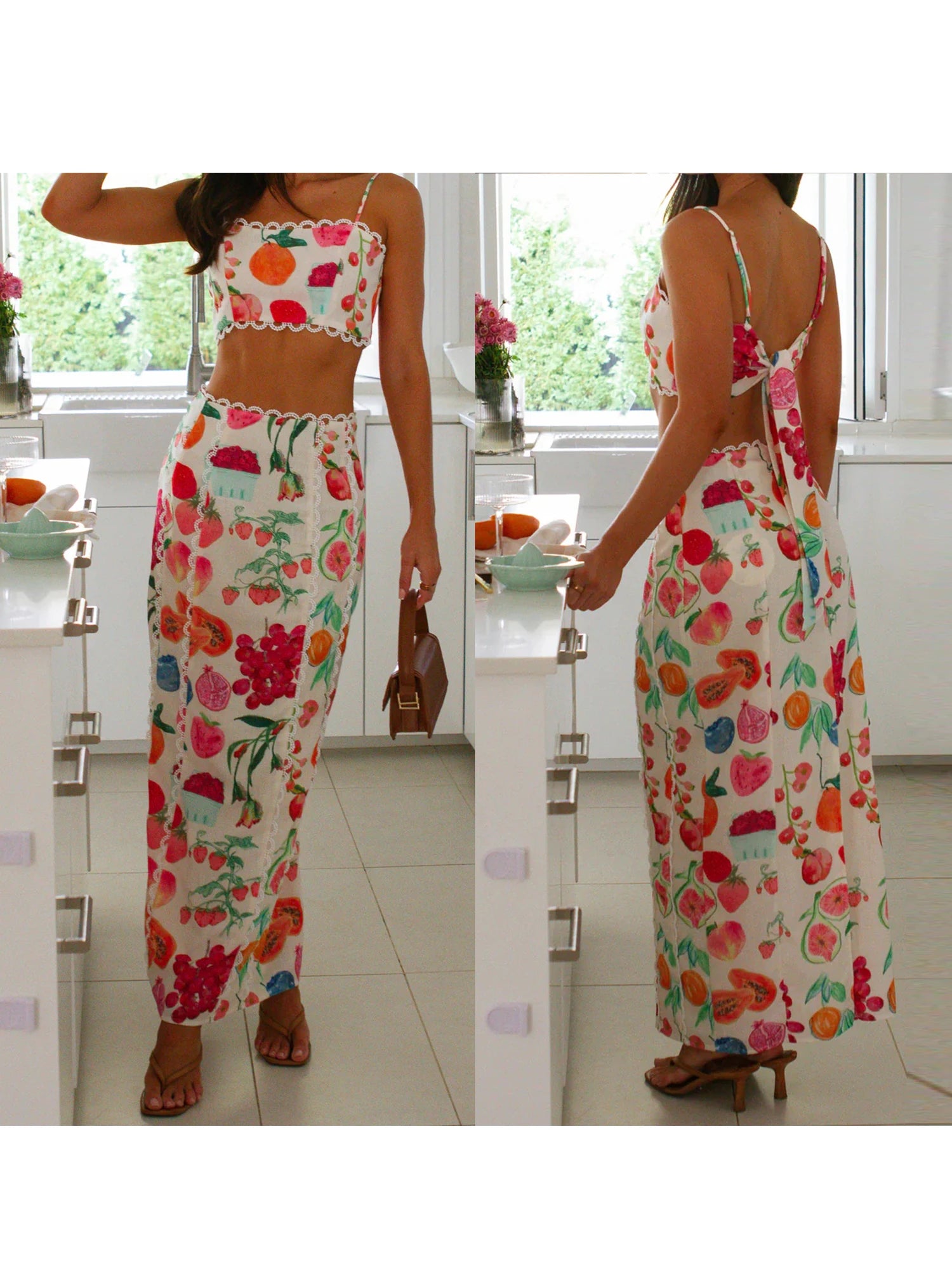 Women s Matching Set Crop Top and Skirt Outfit with Tropical Fruit Print Adjustable Spaghetti Straps and High Waist Design