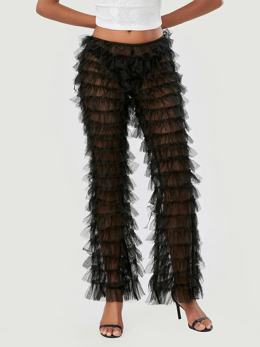 Women s Summer Casual Wide Leg Pants Black Tiered Sheer Flared Pants Fashion Bell-bottom Pants