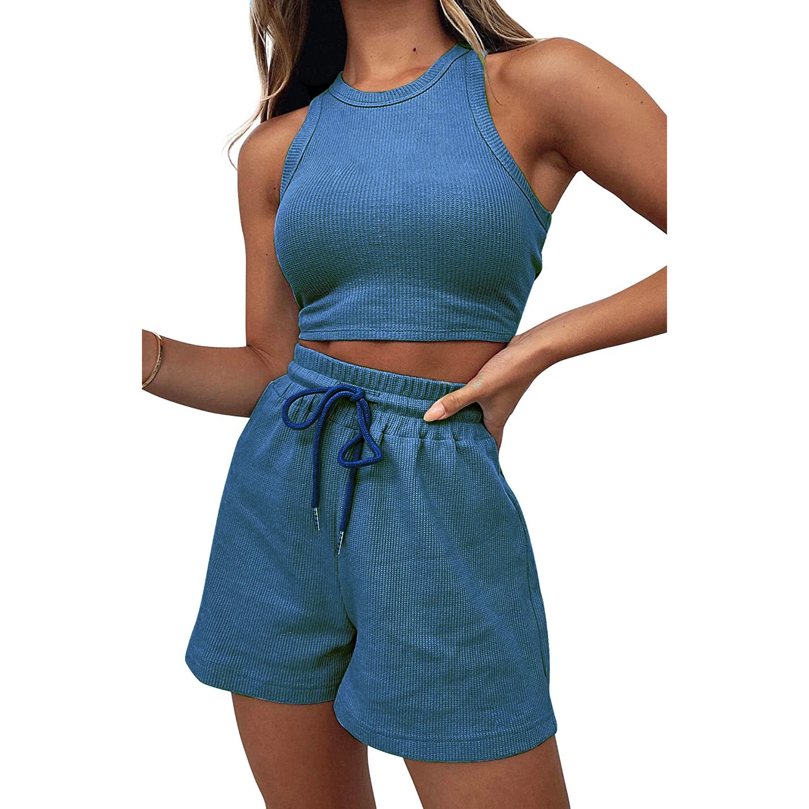 Women’s Two Piece Summer Outfits Sleeveless Waffle Tank Tops and Shorts Set Loungewear