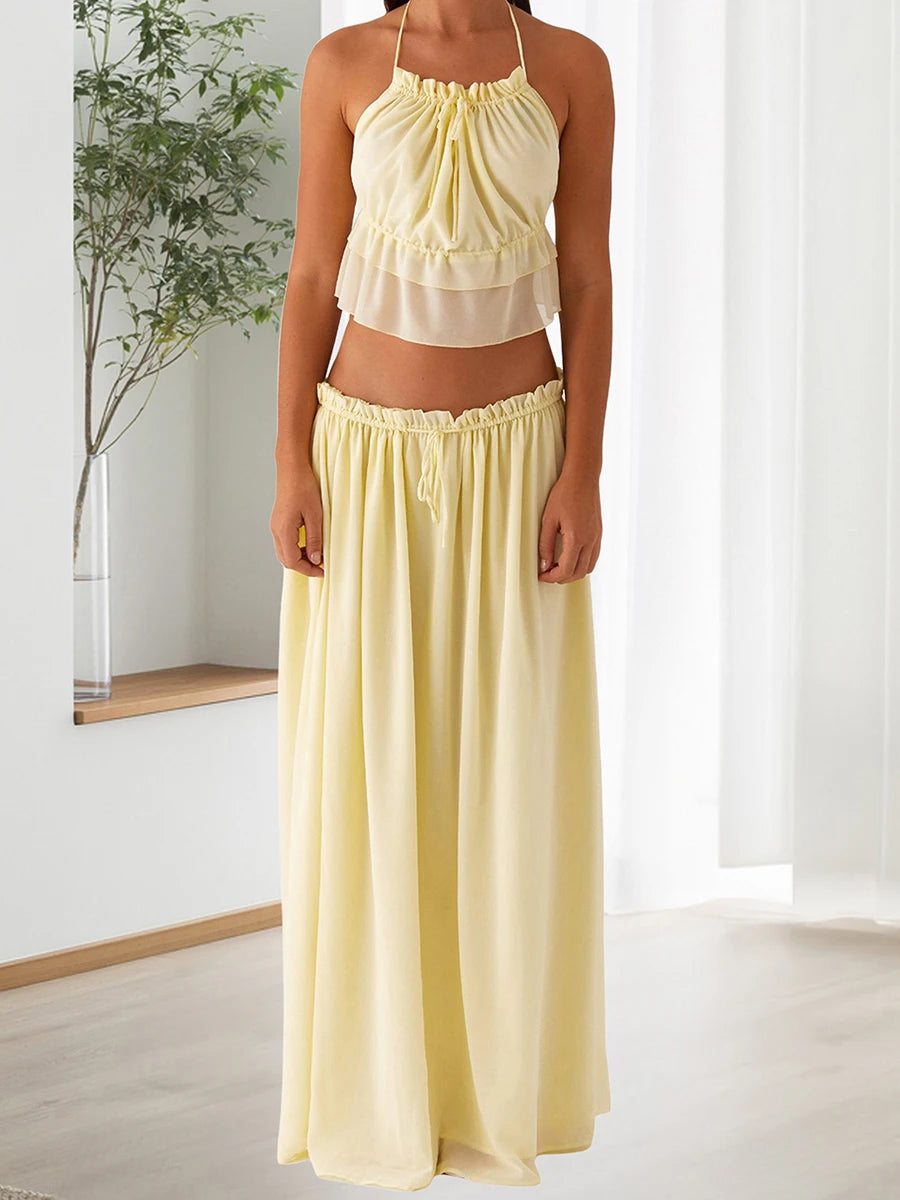 Women s Floral Print Crop Top and High Waisted Maxi Skirt Set for Summer Vacation Beachwear Outfit