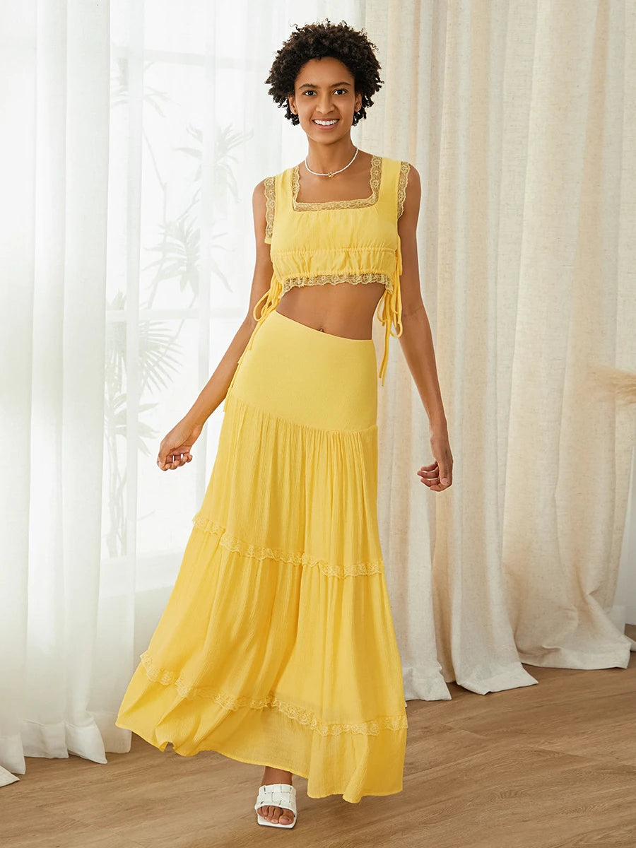 Women s Summer 2Pcs Outfits Lace Trim Sleeveless U-Neck Tank Tops with Long Skirt Set Party Clothes