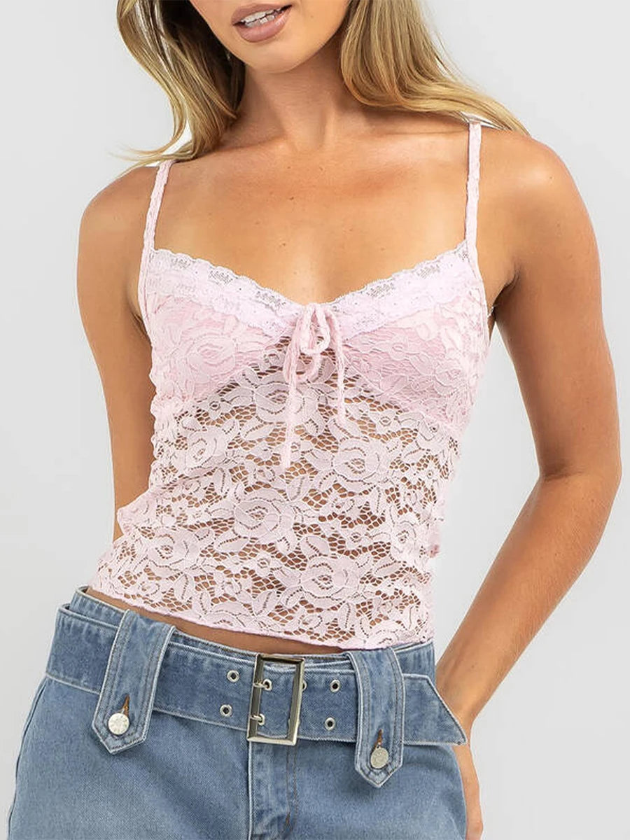 Women Eyelet Lace Camisoles Spaghetti Strap Cami Tops Sleeveless Backless Tank Tops Summer Vests Tops Streetwear