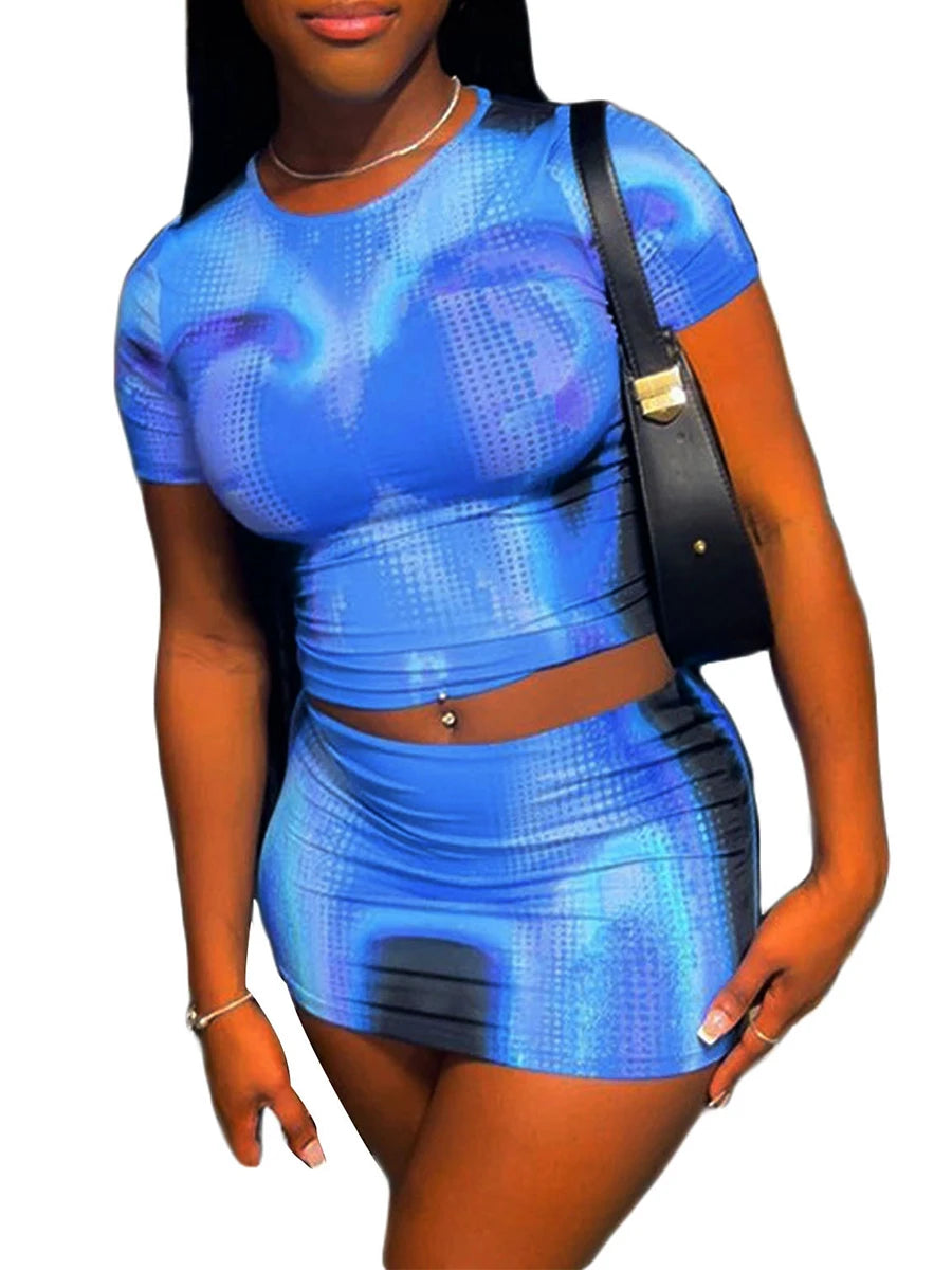 Women s Summer 2Pcs Outfits Tie Dye Print Short Sleeve T-Shirt Mini Bodycon Skirt Party Clothes