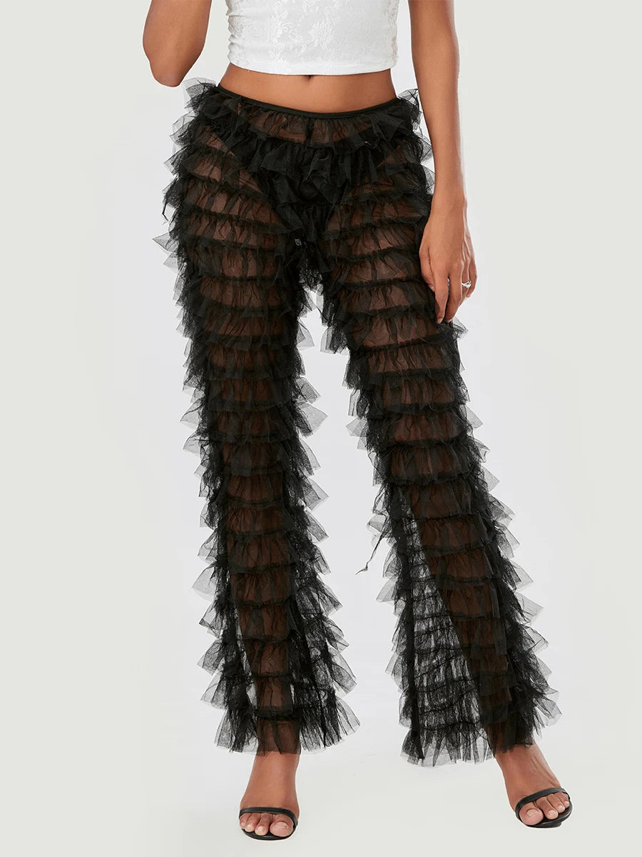 Women s Summer Casual Wide Leg Pants Black Tiered Sheer Flared Pants Fashion Bell-bottom Pants