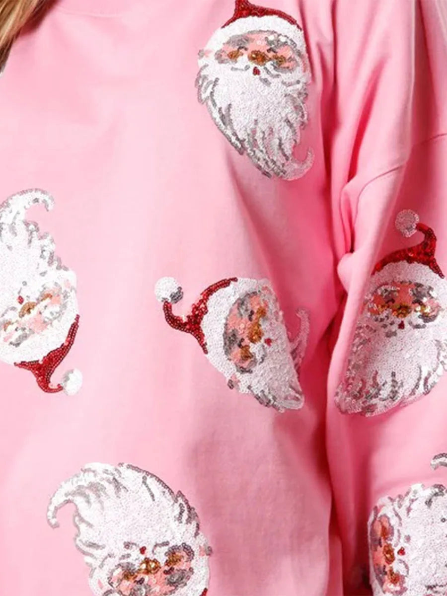 Women’s Crewneck Sweatshirt Loose Santa Claus Sequins Print Long Lantern Sleeve Tops for Christmas