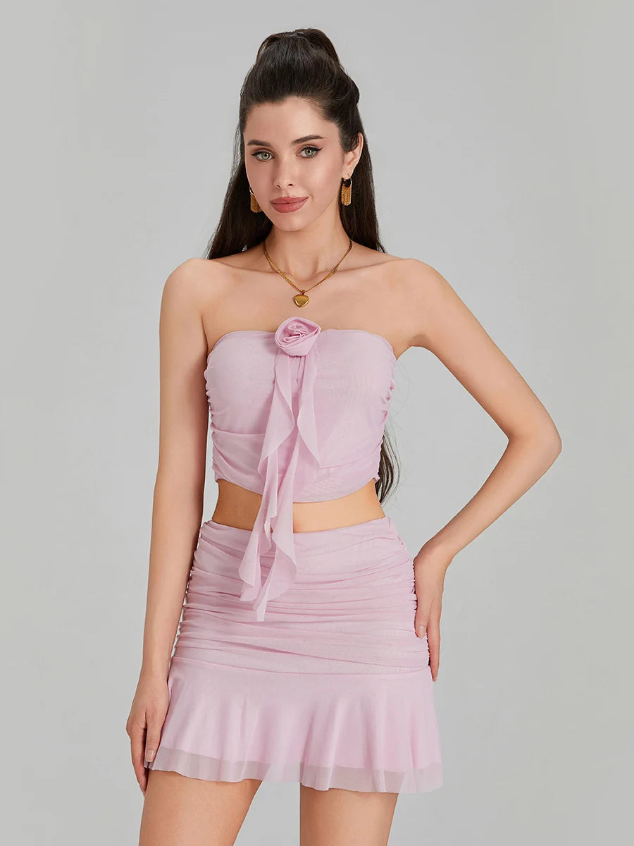 Women s 2 Piece Skirt Outfits Sleeveless Off Shoulder Mesh Bandeau Pink Mini Skirt Set