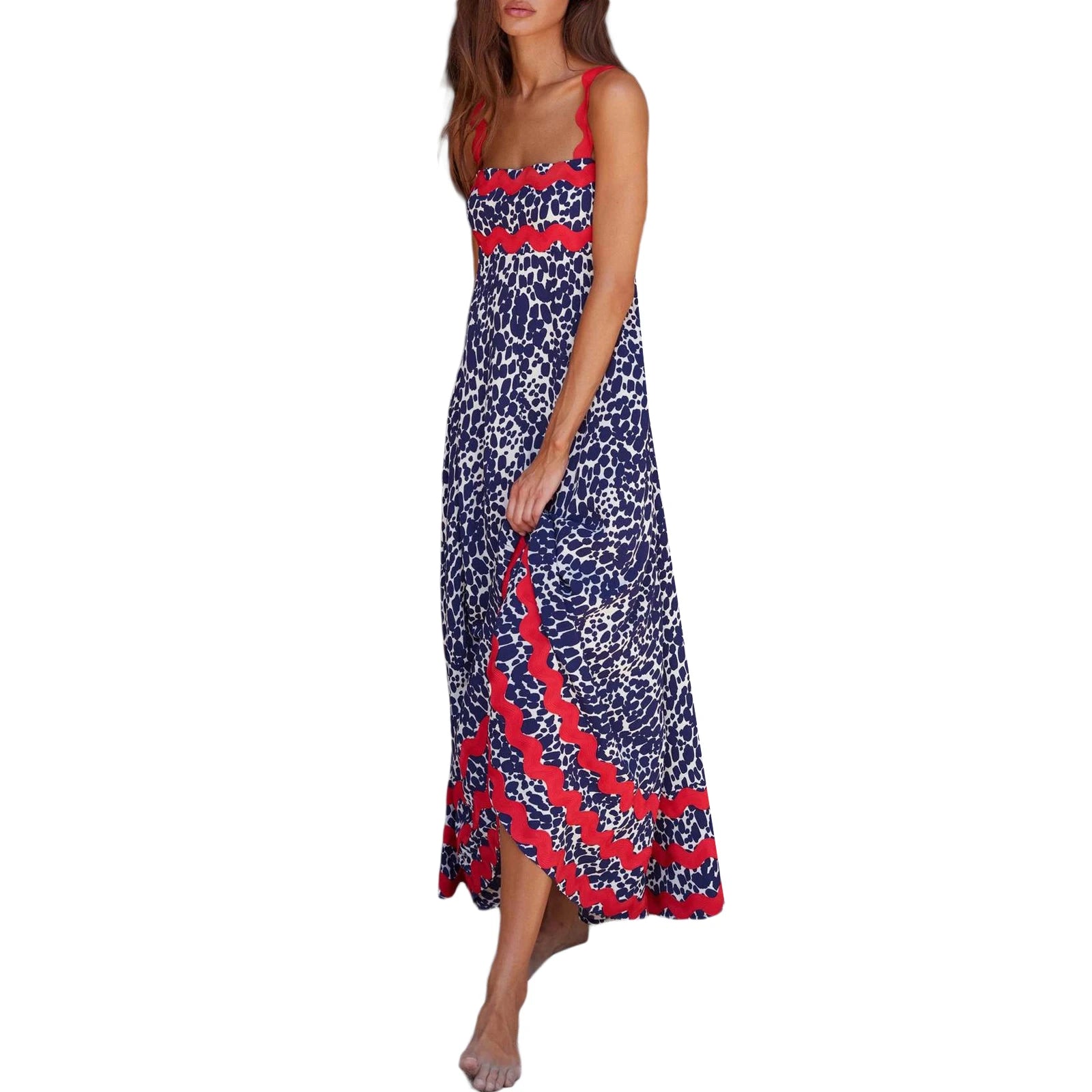 Women s Long Cami Dress Floral Leopard Print Sleeveless Square Neck Backless A-Line Ric Rac Dress