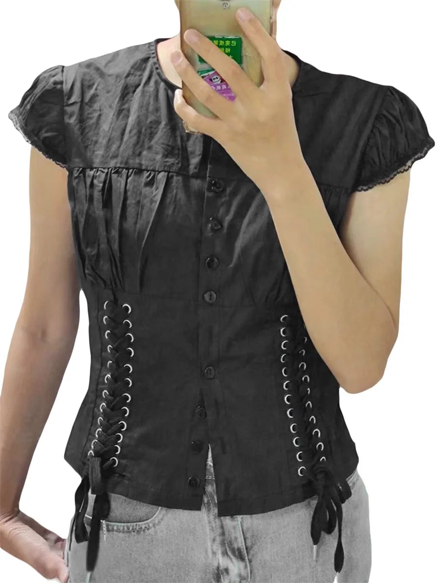 Women Lace Tops 1 4 Sleeve Round Neck Ruffle Buttons Party Casual Spring Summer Black Shirt