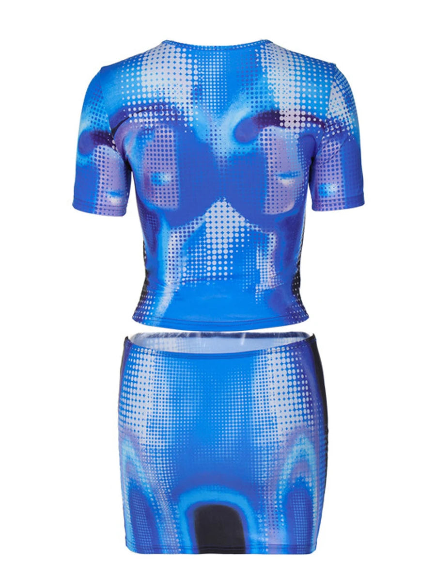 Women s Summer 2Pcs Outfits Tie Dye Print Short Sleeve T-Shirt Mini Bodycon Skirt Party Clothes