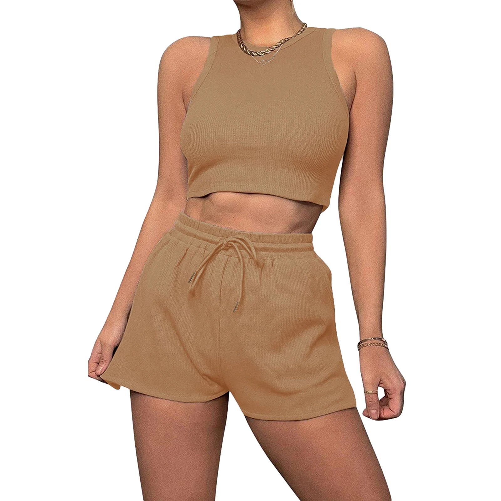 Women’s Two Piece Summer Outfits Sleeveless Waffle Tank Tops and Shorts Set Loungewear