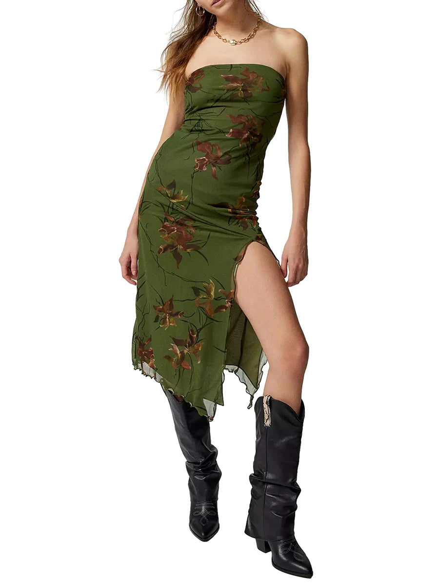 Women Floral Mesh Dress Summer Backless Strapless Split Party Dress for Cocktail Beach Streetwear Aesthetic Clothes