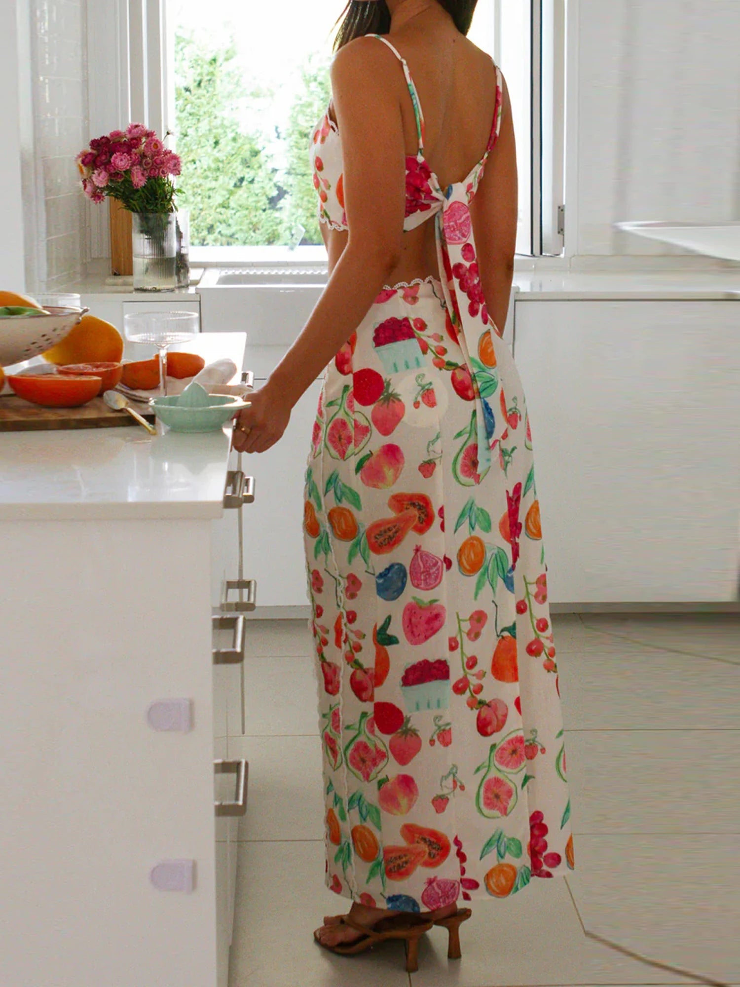 Women s Matching Set Crop Top and Skirt Outfit with Tropical Fruit Print Adjustable Spaghetti Straps and High Waist Design
