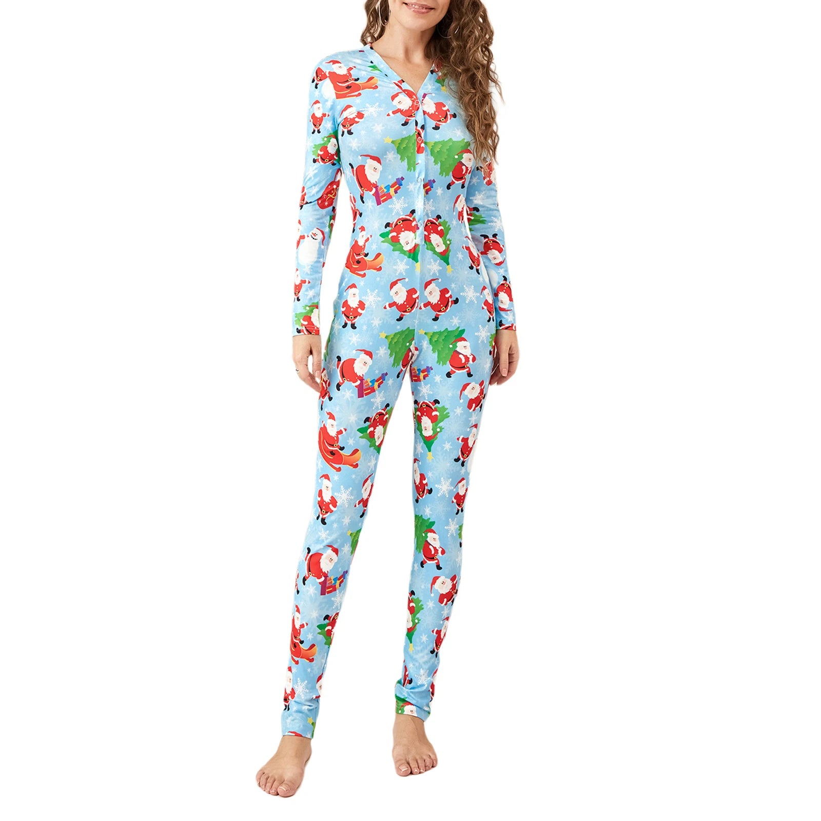 Women s Christmas Pajamas Romper Long Sleeve Button Down Jumpsuit Sleepwear Cartoon Print Nightwear
