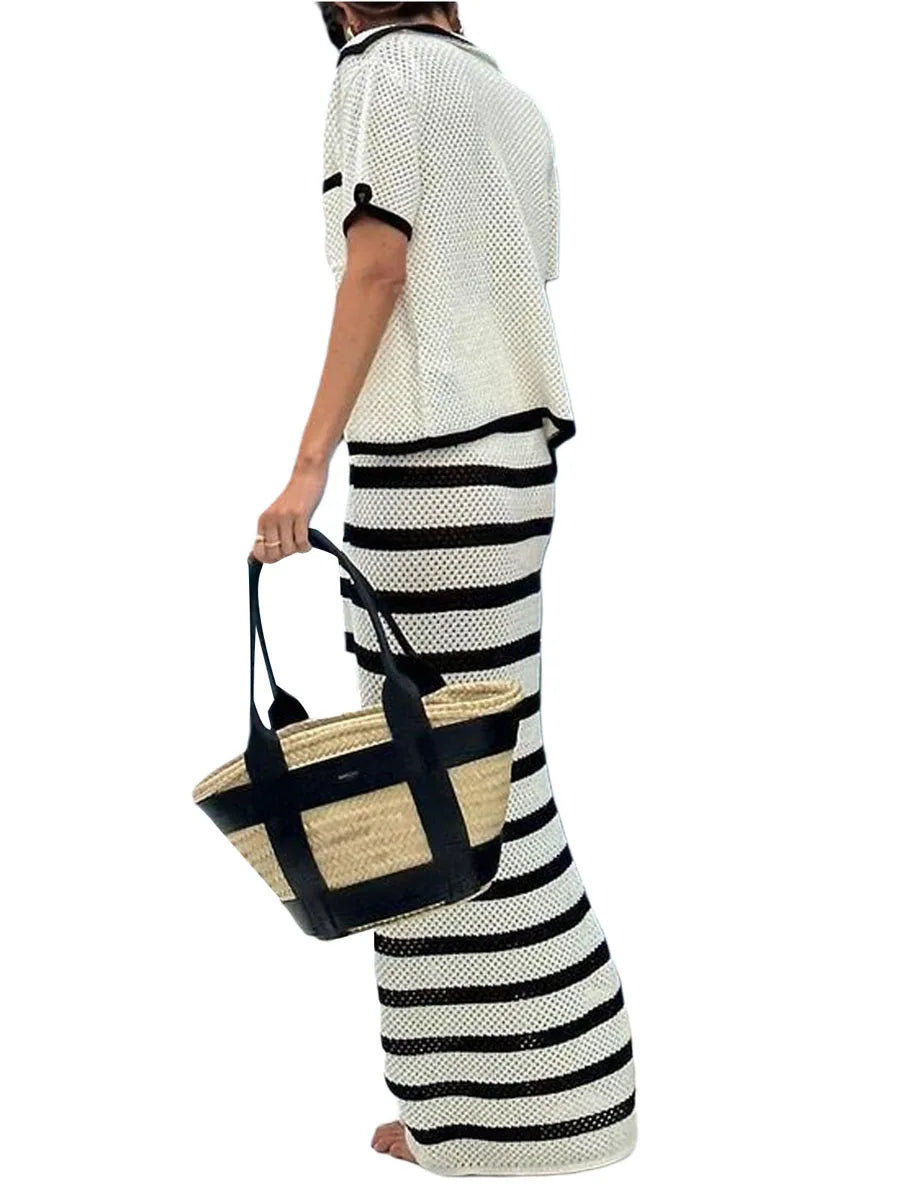 Women Crochet Cover Up Skirts Elastic High Waist Striped Contrast Color Knit Long Skirts Beachwear