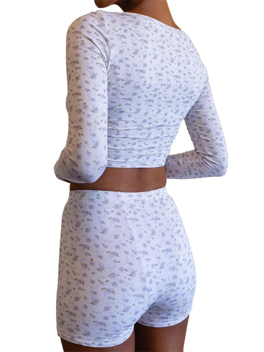 Women s Summer Clothes 2Pcs Outfits Flower Print Short Sleeve Button Tops High Waist Shorts Set Streetwear