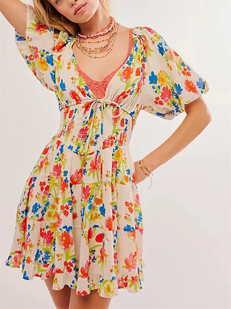 Women Mini Dress Floral Print Tie-Up Front Short Sleeve Dress Summer Casual A-line Dress