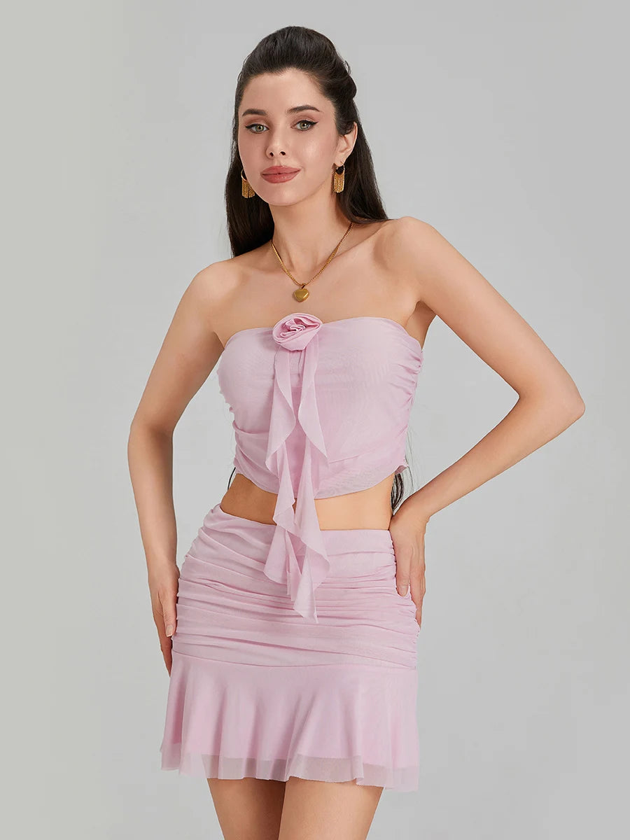 Women s 2 Piece Skirt Outfits Sleeveless Off Shoulder Mesh Bandeau Pink Mini Skirt Set