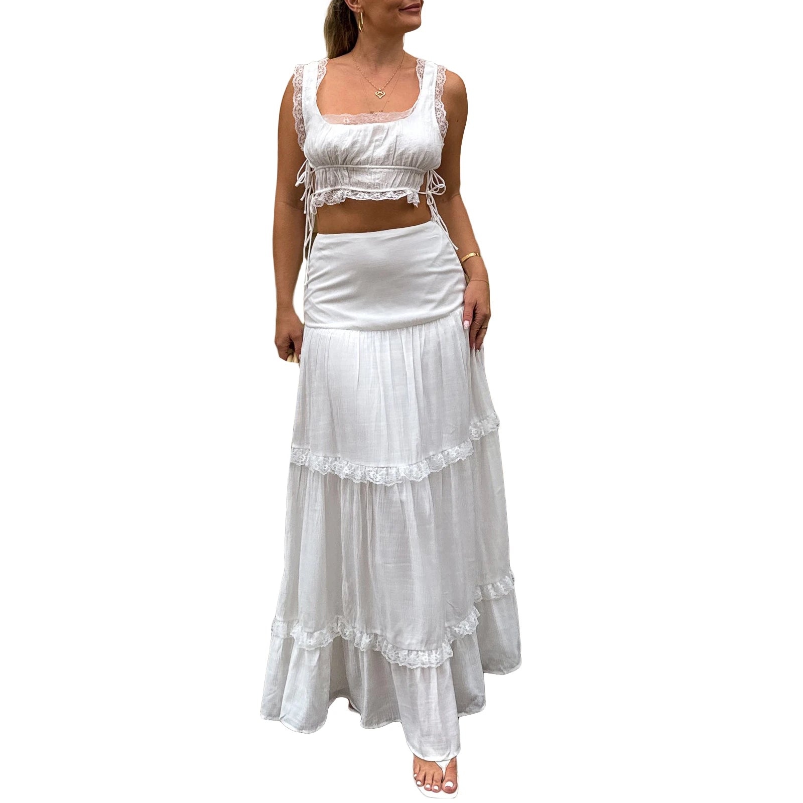 Women s Summer 2Pcs Outfits Lace Trim Sleeveless U-Neck Tank Tops with Long Skirt Set Party Clothes