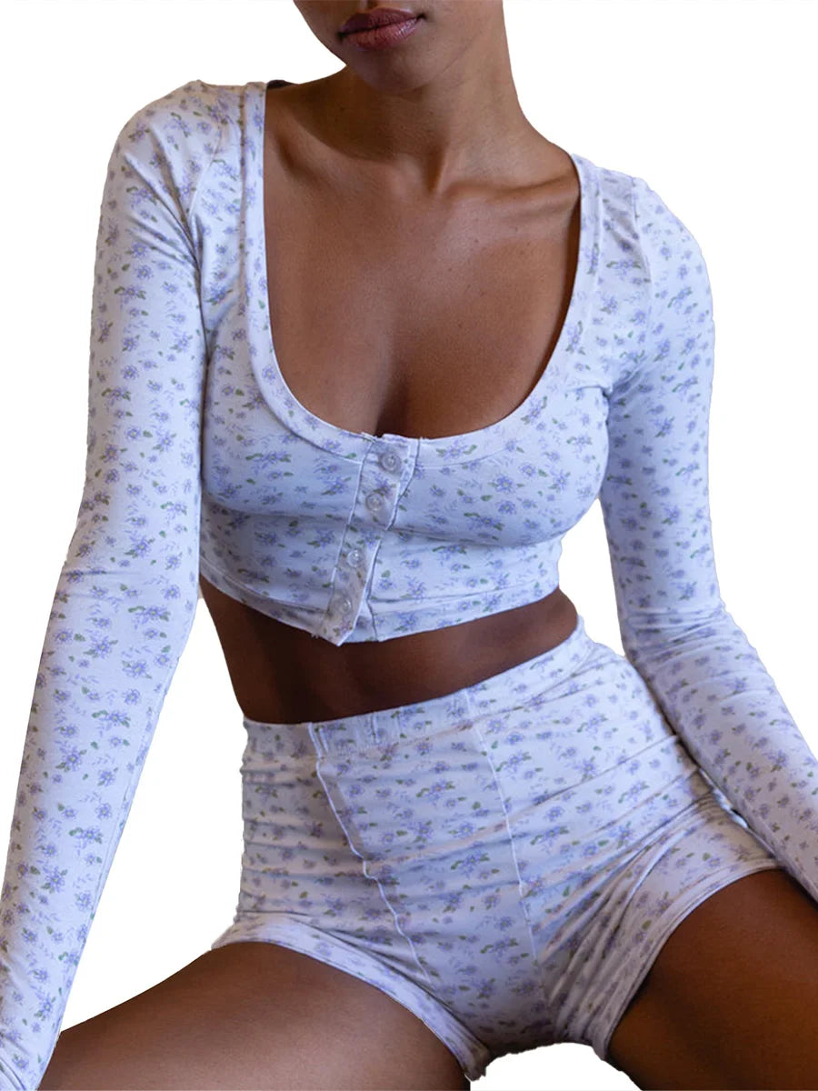Women s Summer Clothes 2Pcs Outfits Flower Print Short Sleeve Button Tops High Waist Shorts Set Streetwear