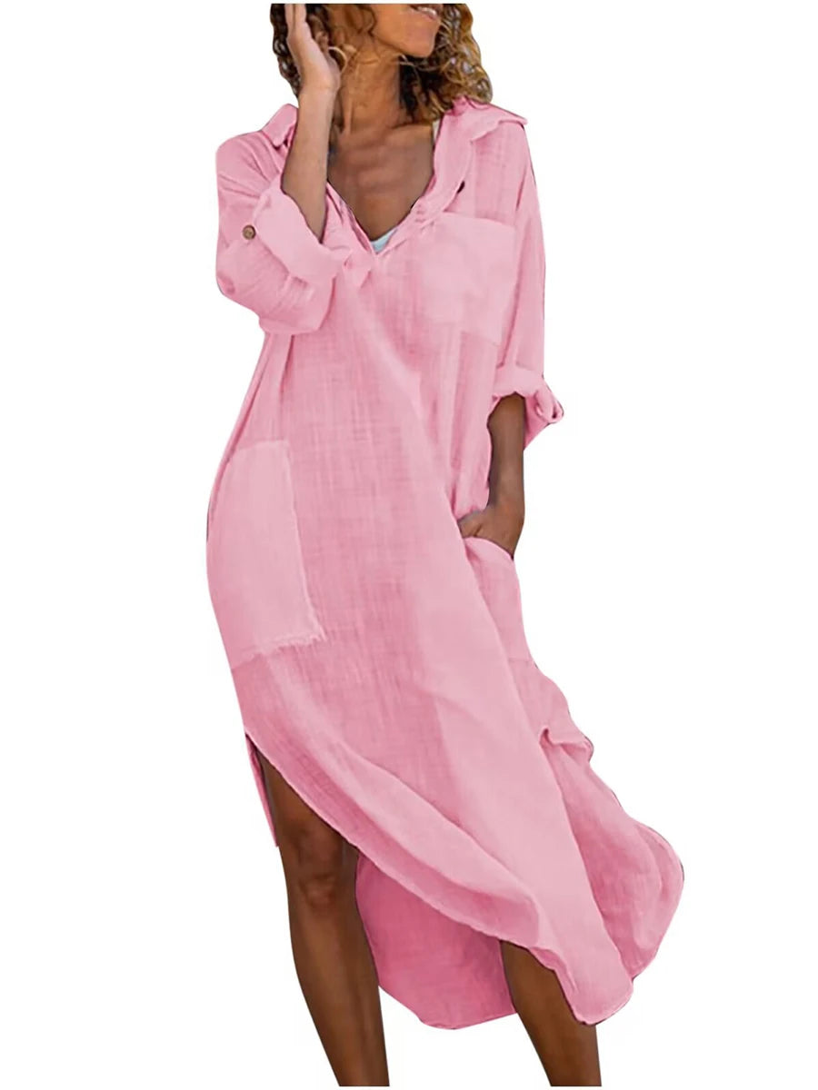 Women s Bathing Suit Cover-Up Solid Color Long Sleeve Lapel Side Slit Mid-Length Shirt Dress Beachwear