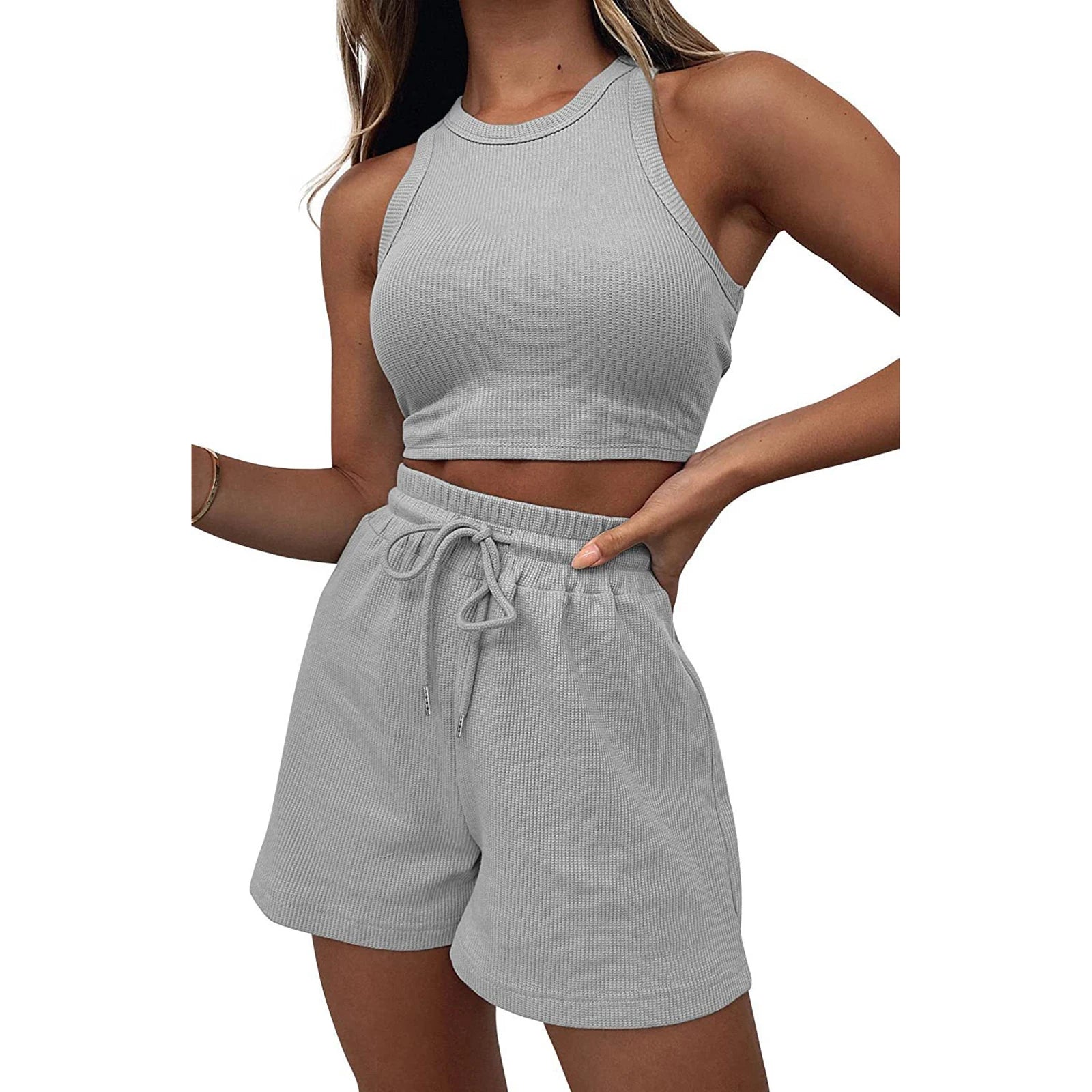 Women’s Two Piece Summer Outfits Sleeveless Waffle Tank Tops and Shorts Set Loungewear