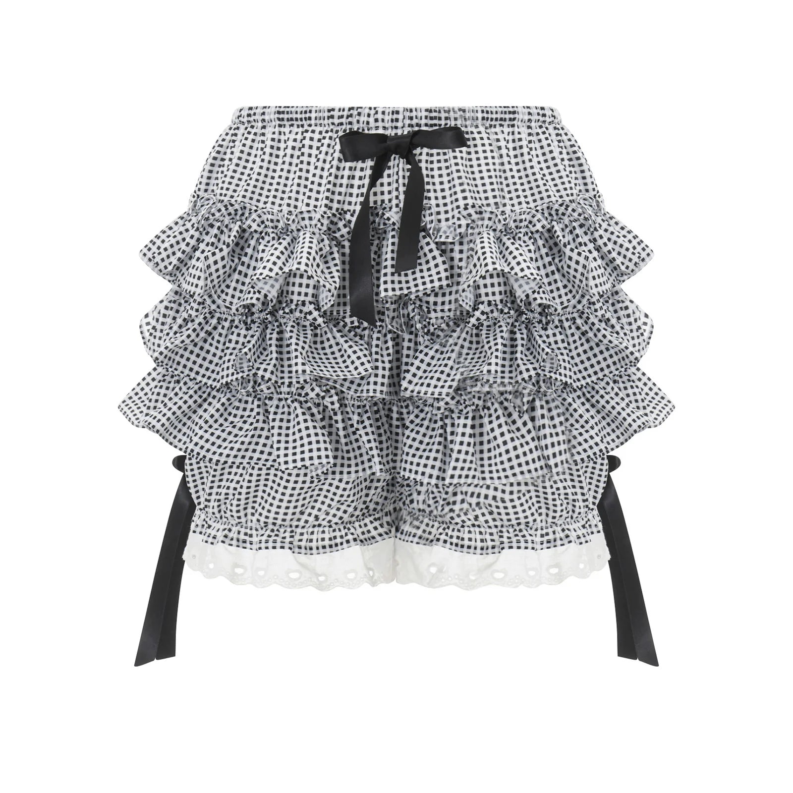 Women s Fashion Bloomers Shorts Lace Trim Layered Ruffle Bowknot Elastic Waist Short Pants Summer Casual Shorts
