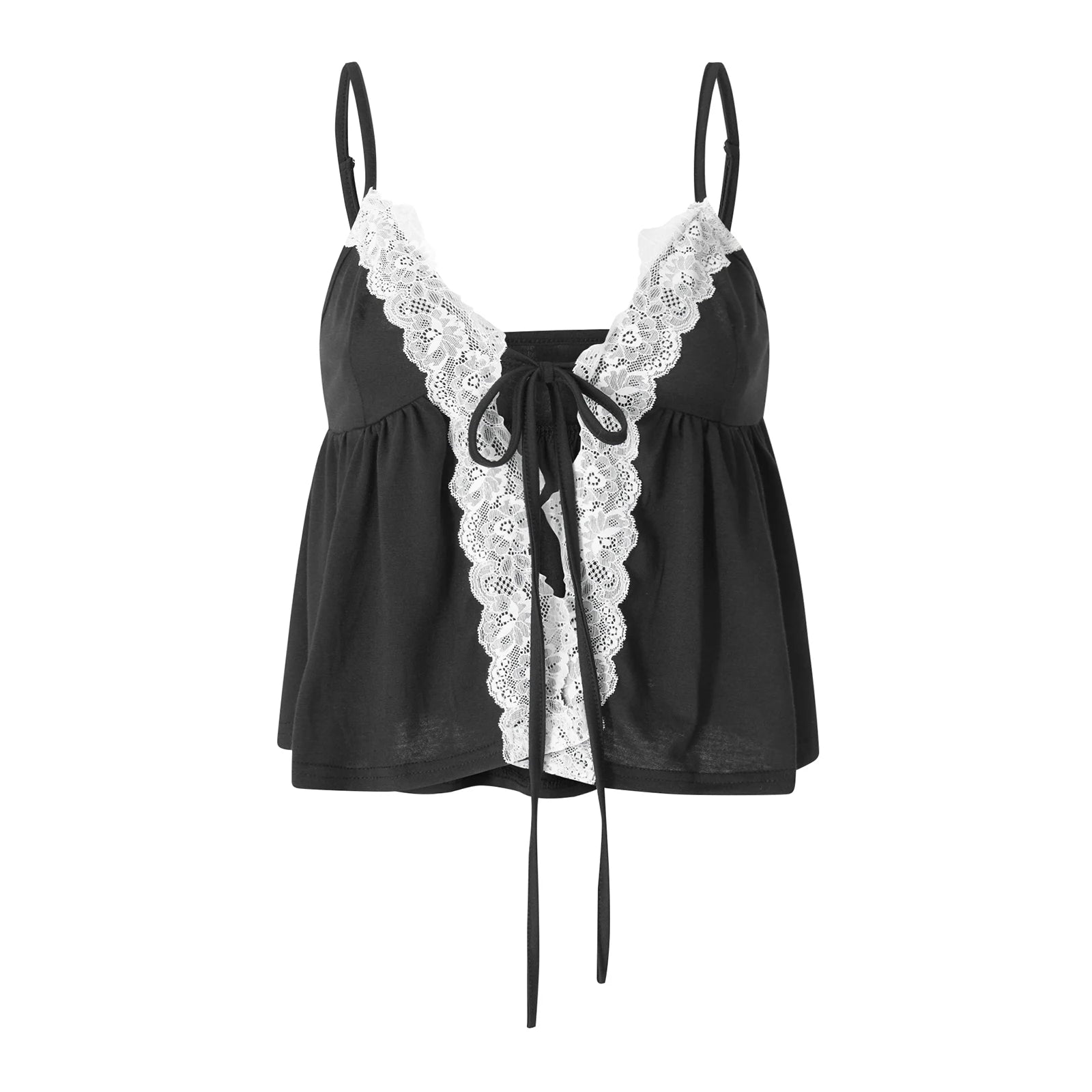 Women s Crop Cami Tops Sleeveless Tie-Up Front Lace Patchwork Loose Fit Camisole