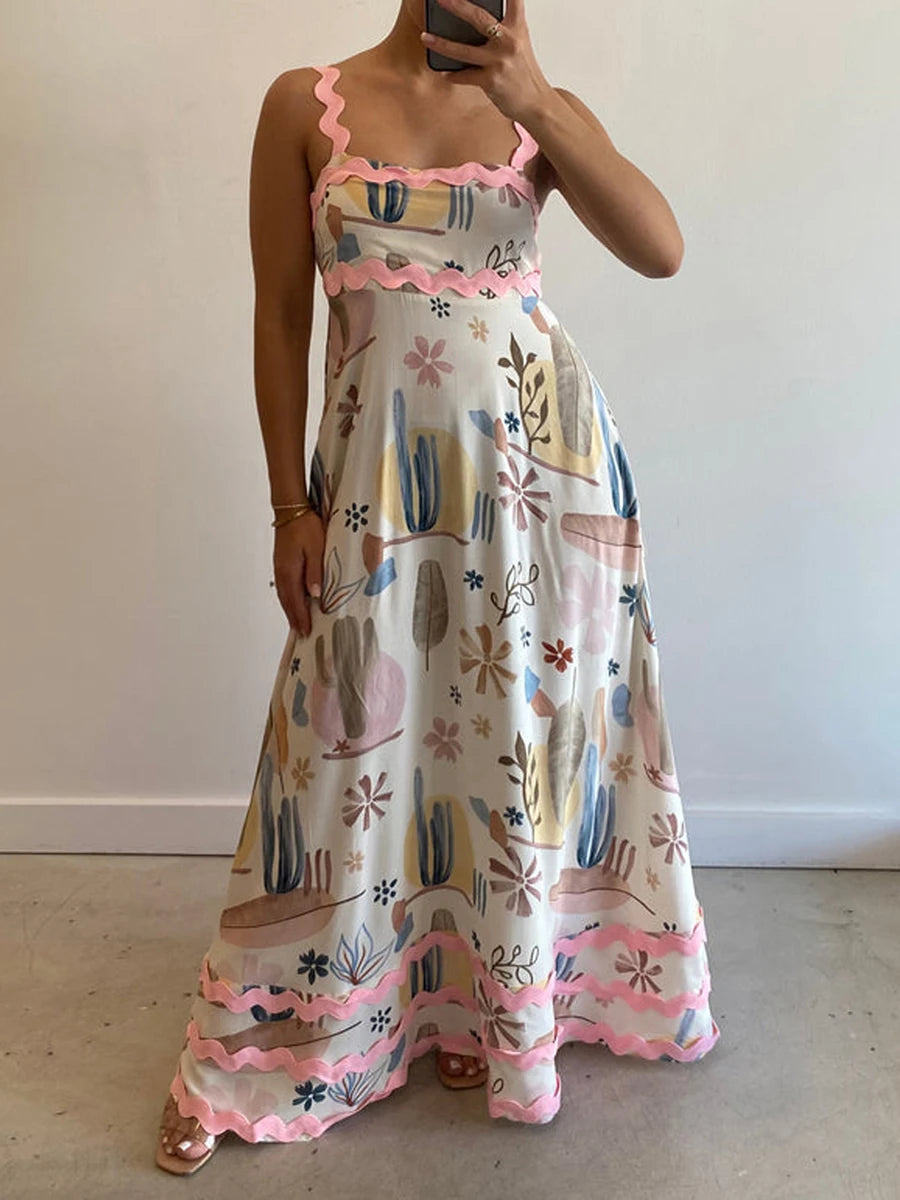 Women s Long Cami Dress Floral Leopard Print Sleeveless Square Neck Backless A-Line Ric Rac Dress